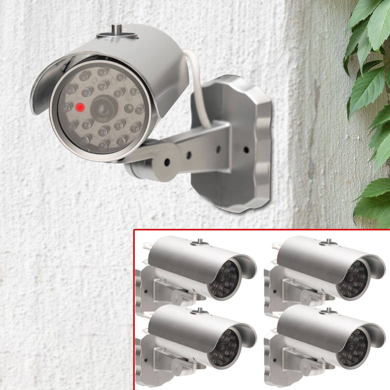 Casativo Überwachungskamera Attrappe Kamera-Attrappe mit Bewegungssensor, Rotes Blinklicht Batteriebetrieb (4-tlg., 1er-set & 2er-Set & 4er-Set, Stand-Alone Dummy-Kamera, PIR-Sensor aktiviert rote LED, 360° drehbar)