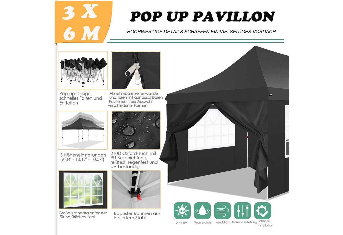 Thumbnail - LUCKZON Pavillon 3x6m Pavillon Wasserdicht, UV-Schutz, mit 6 Seitenteilen & 2 Eingängen, mit 6 Seitenteilen, LxBxH: 300x...