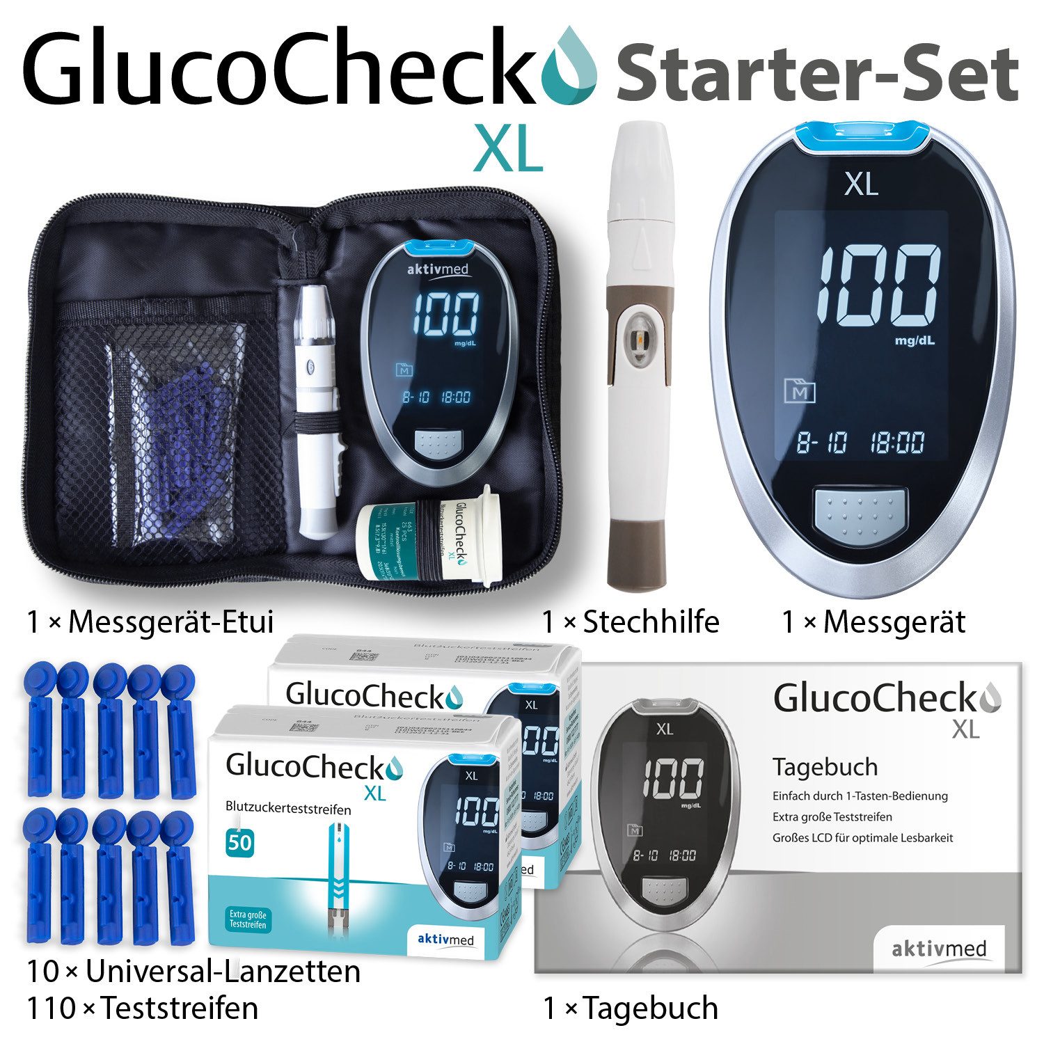 GlucoCheck Blutzuckermessgerät GlucoCheck XL Starter-Set mit 110 Blutzuckerteststreifen mg/dl