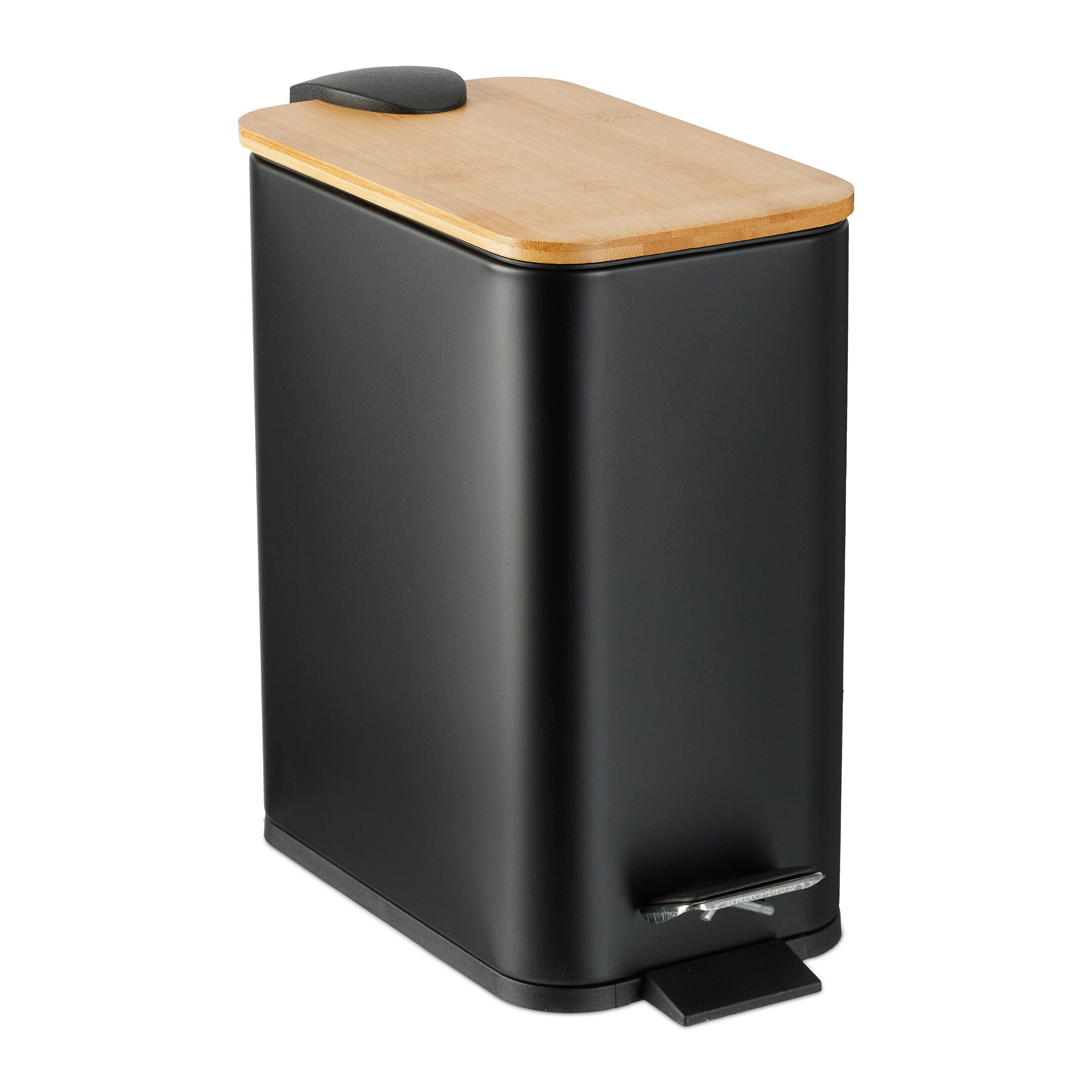 relaxdays Kosmetikeimer Bad Mülleimer 5 l mit Bambusdeckel, Schwarz, Badezimmer Mülleimer, Badmülleimer