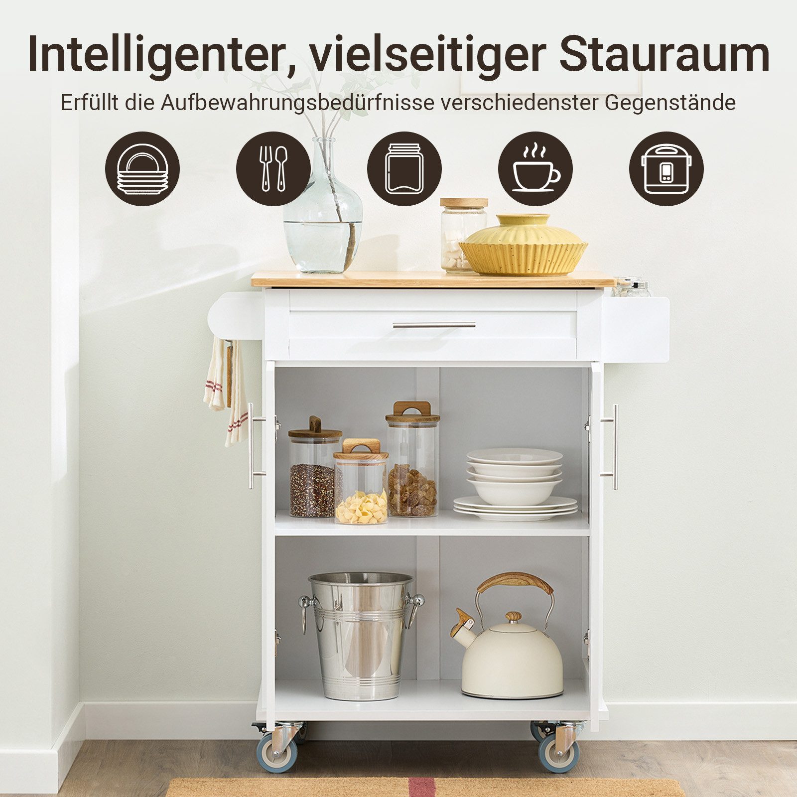 SoBuy Küchenwagen FKW13, Servierwagen mit Arbeitsplatte Küchenwagen auf Rollen, Kücheninsel, Rollwagen Küche mit Stauraum, Küchenregal, Grilltisch