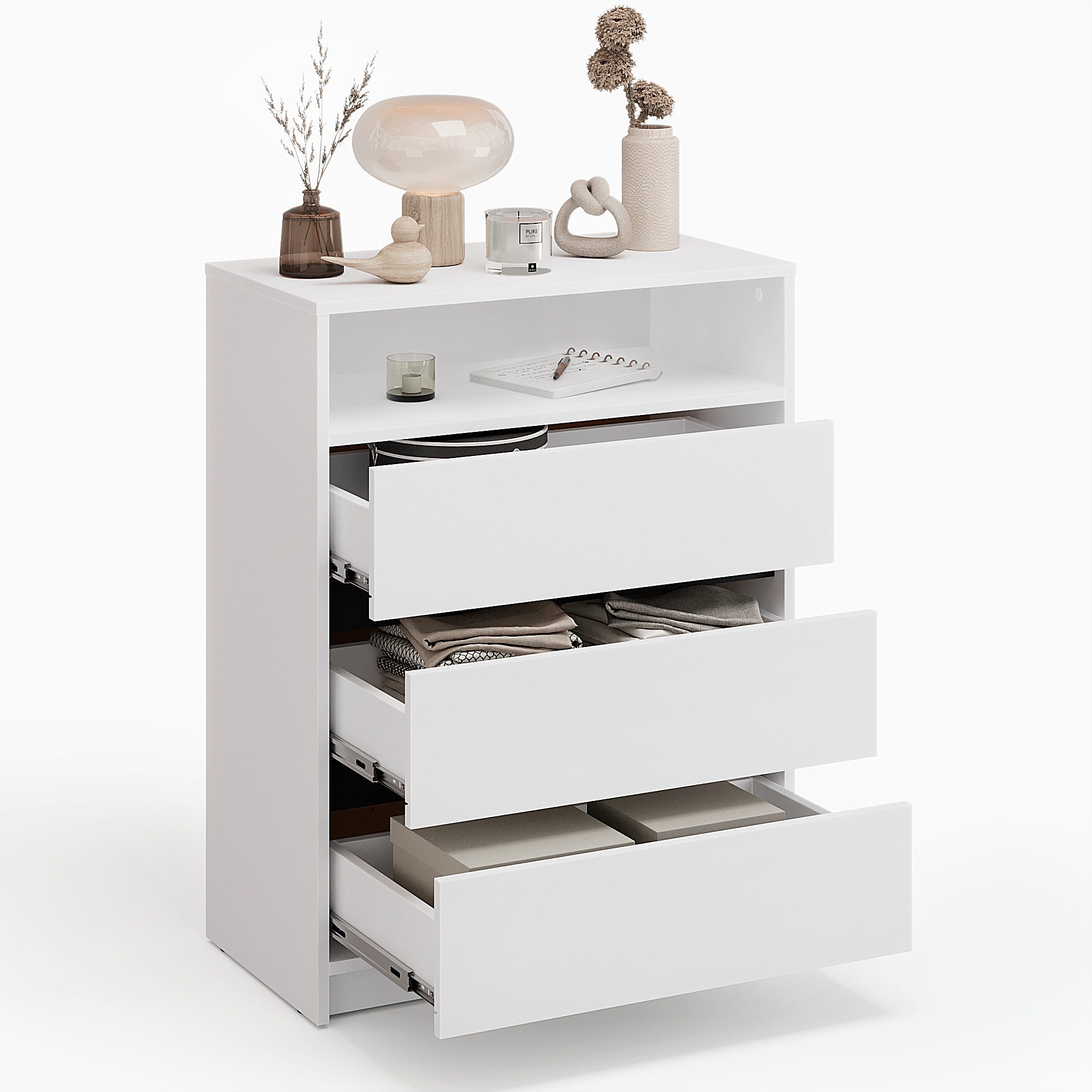 KOMTO Kommode Leon mit 3 Schubladen - Komodenschrank für Schlafzimmer, Schubladenkommode mit 1 offenen Fächern für Wohnzimmer 70 x 37 x 90 cm