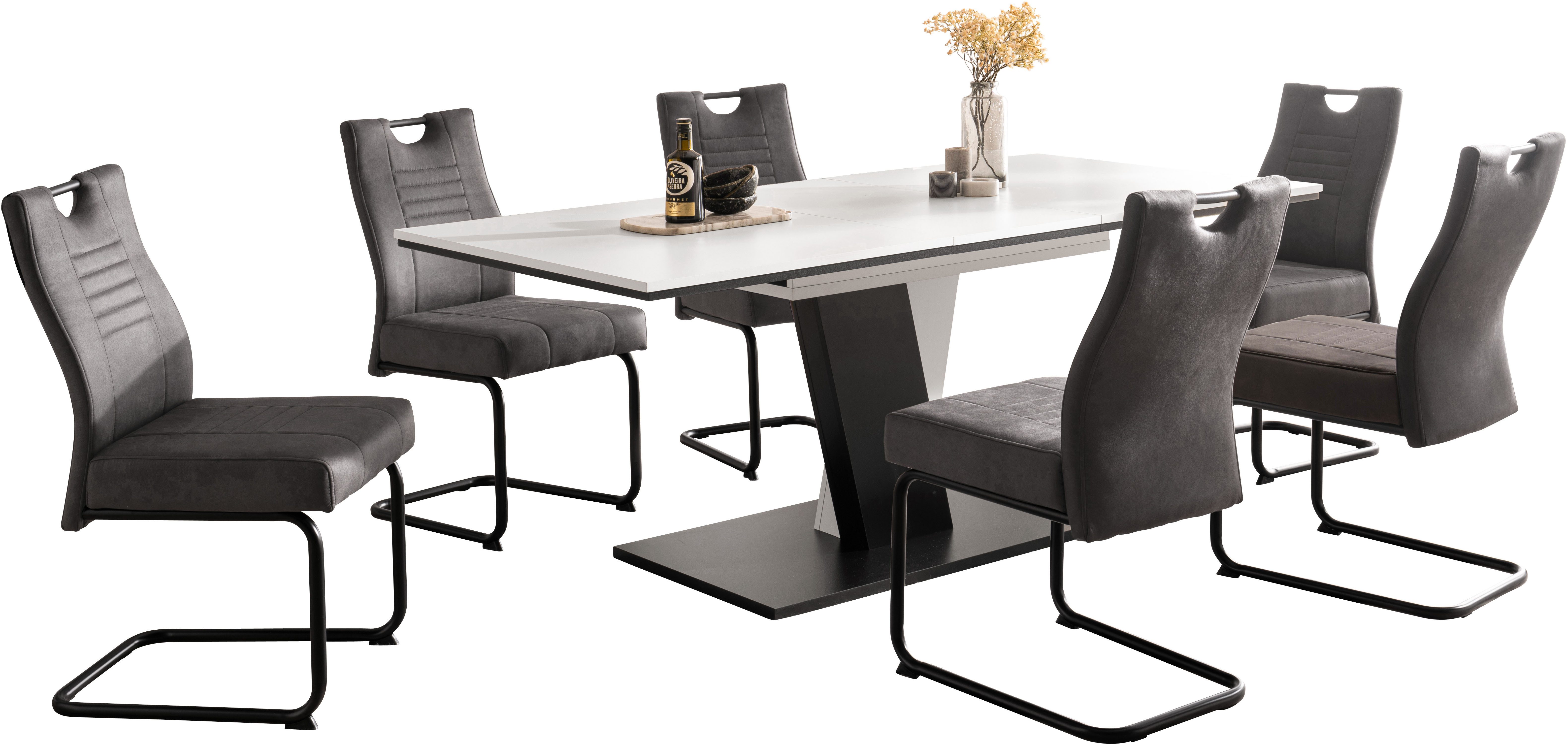 OTTO home Essgruppe "Altona", Esstisch ausziehbar plus 6 Stühle, TOPSELLER!, (7-tlg., Esstisch ausziehbar 140 - 180 cm, 6 Freischwinger), Säulentisch 140-180x90 cm, Stuhl mit Federkorb, 140 kg belastbar