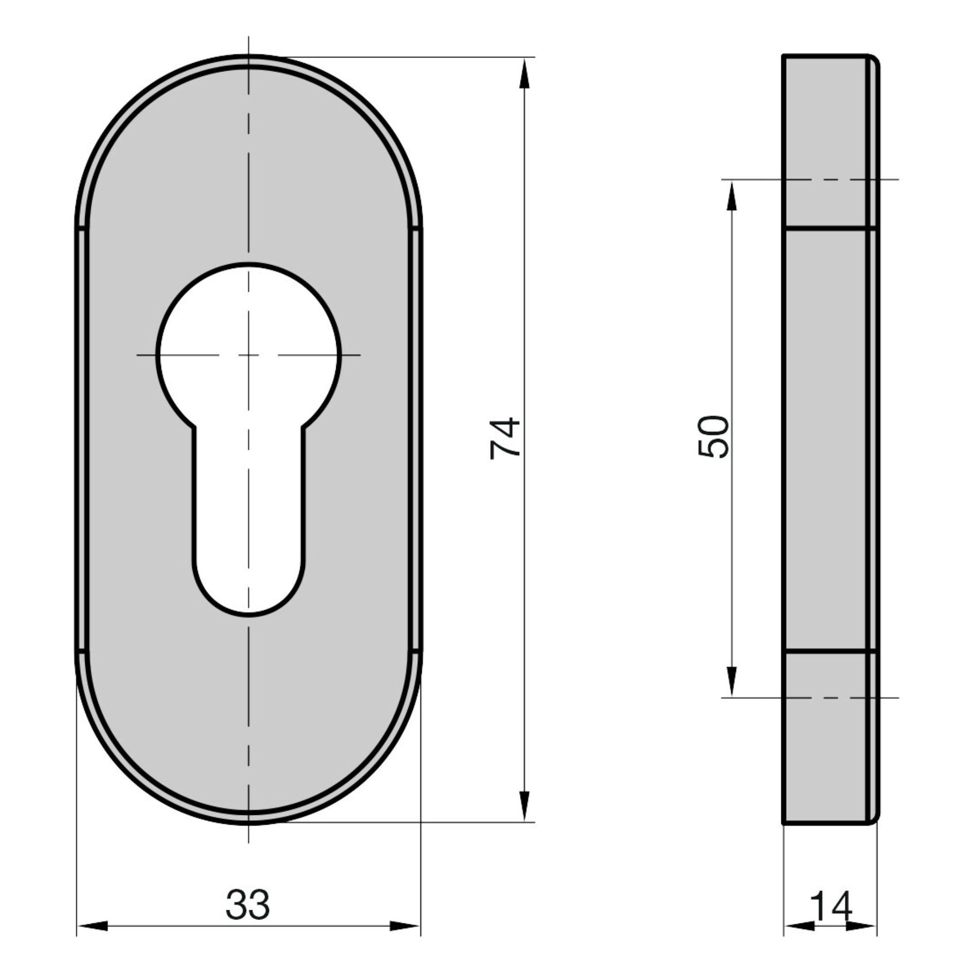 BASI Türbeschlag Schutzrosette mit PZ-Lochung (Packung), aus Edelstahl, für Profil- und Rahmentüren, Stärke 14 mm, oval – Bild 2 von 2