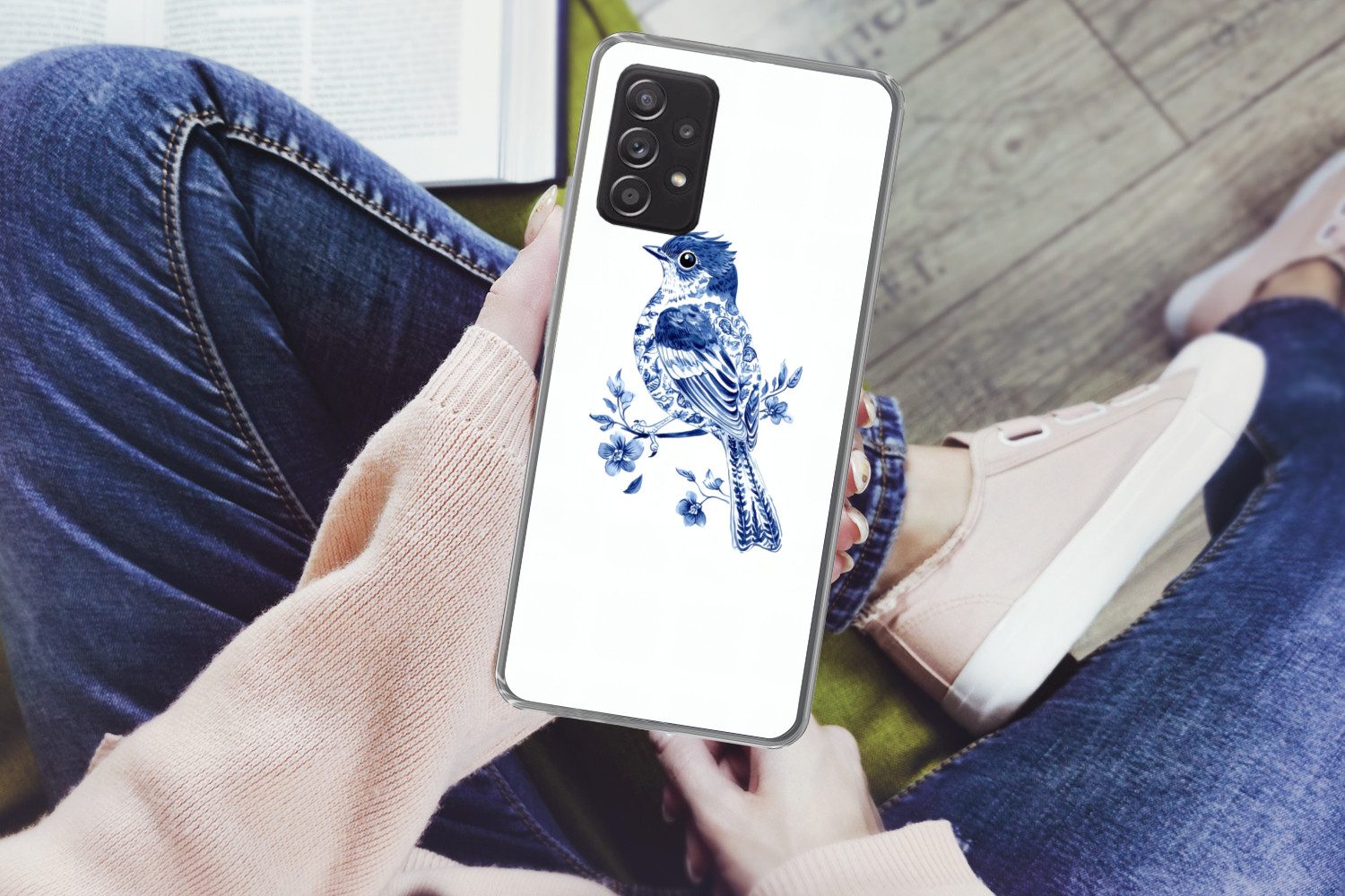 MuchoWow Handyhülle für Samsung Galaxy A53 5G Vogel - Delfter Blau - Illustration - Blumen, Phone Case, Silikon, Schutzhülle Dünn