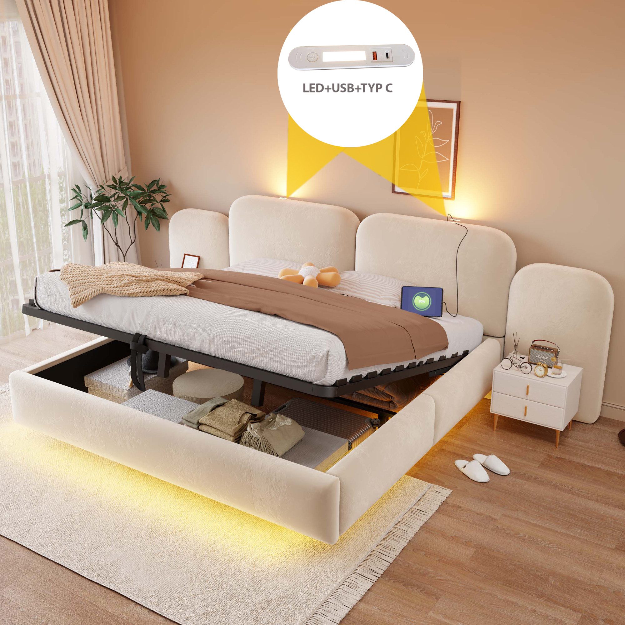 i@home Stauraumbett Polsterbett, doppelbett 180*200cm,Mit hydraulischem Stauraum, Beige (1-tlg), LED-Beleuchtung mit Ladeanschluss, Bequemem Kopfteil, Samtstoff – Bild 4 von 5