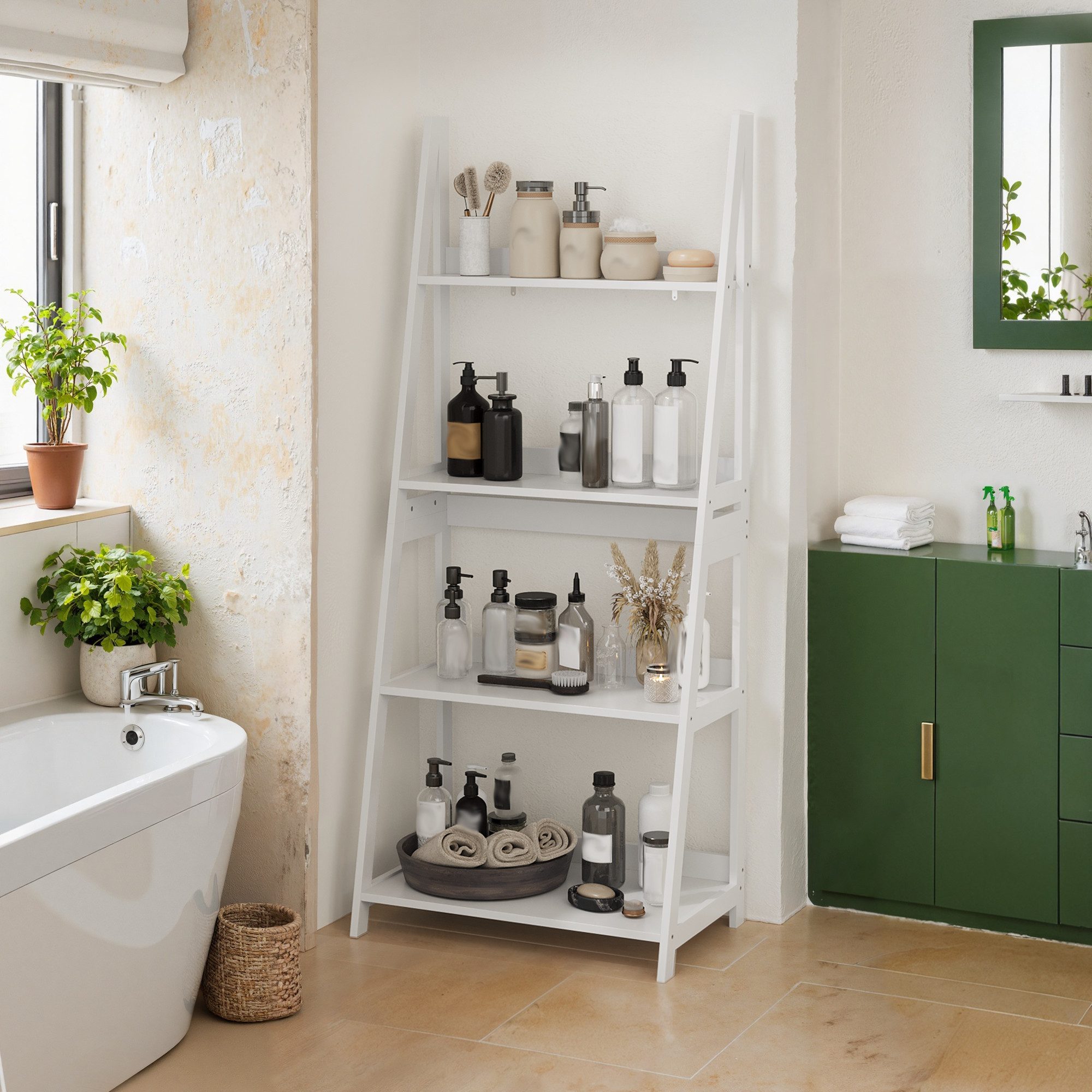 BBWL Leiterregal Leiter Bücherregal 4 Ebenen weiß Holz MDF, Standregal modern offen platzsparend Wohnzimmer Homeoffice stabil