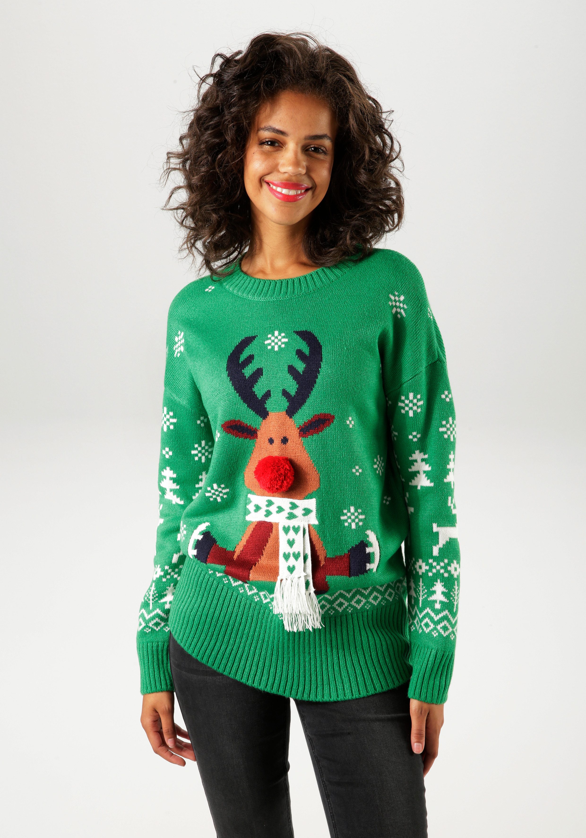 Aniston CASUAL Weihnachtspullover mit Bommel-Nase und günstig online kaufen