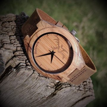 Holzwerk Quarzuhr HIRSCHBERG Damen & Herren Leder & Holz Uhr mit Hirsch Logo, braun