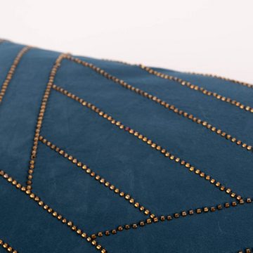 SCHÖNER LEBEN. Dekokissen Deko Kissen Samtoptik mit Perlenstickerei blau kupferfarbig 30x50cm