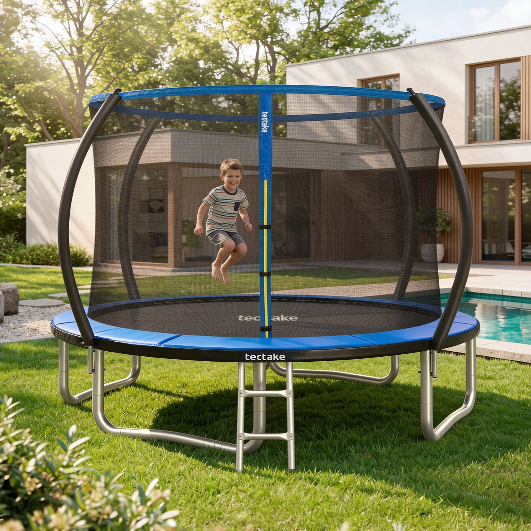 tectake Gartentrampolin Kindertrampolin mit Einstiegsleiter und Sicherheitsnetz Ø 305 cm, (Outdoortrampolin Jumpy, in schwarz/blau), GS zertifiziert, Randabdeckung, reißfestes Sprungtuch