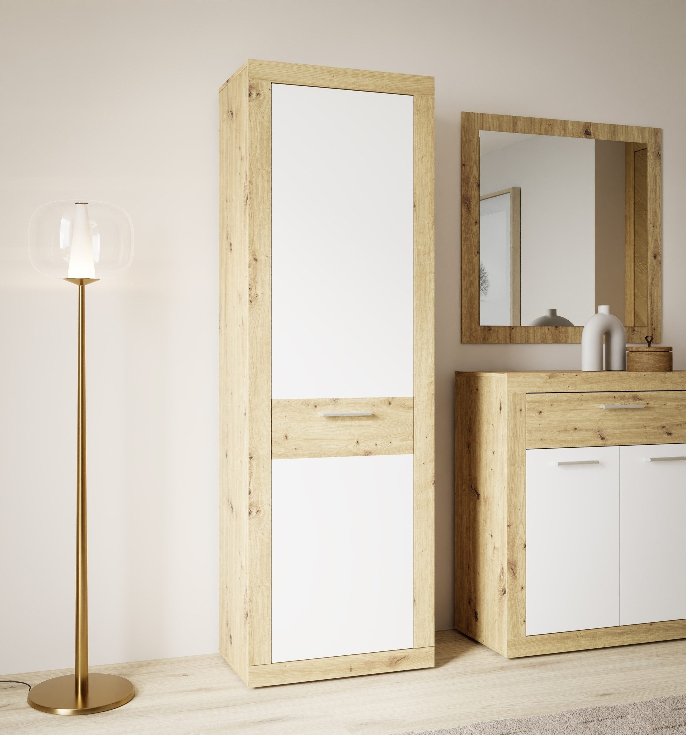 PREISBRECHER Garderobenschrank BACCIO 1 Tür, Stange, Weiss/ Artisan Eiche Dekor - 58,3x196,8x33,8cm (BxHxT)