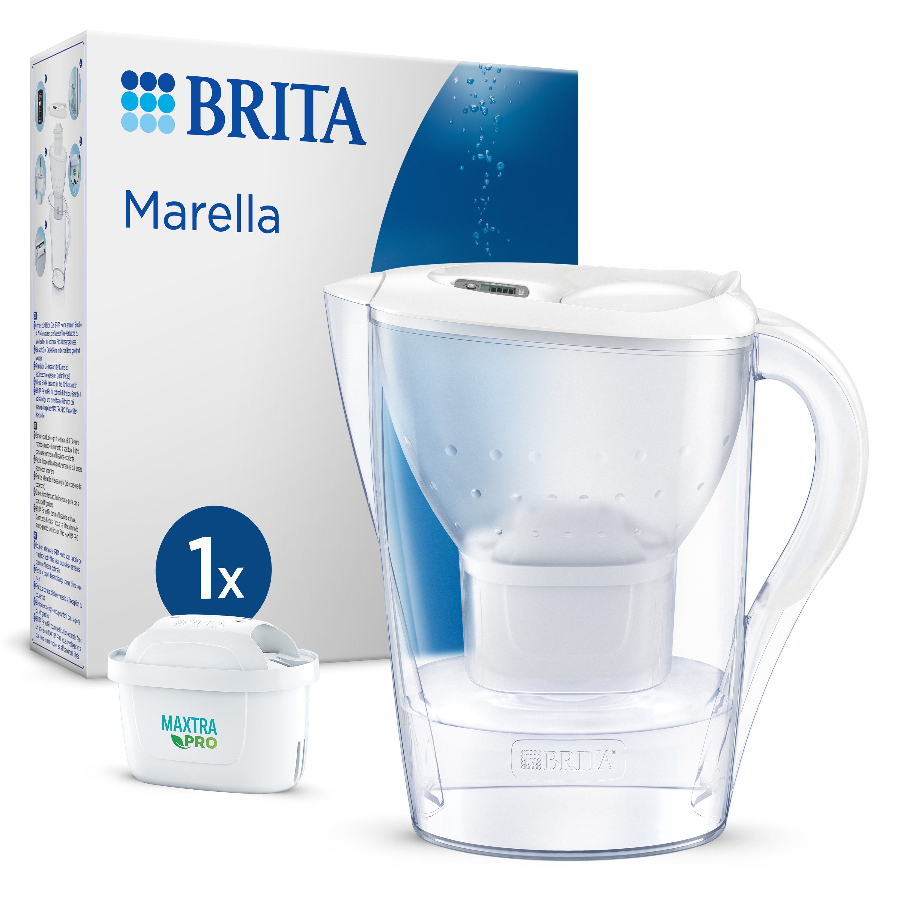 BRITA Wasserfilter Kanne MAXTRA Marella weiß inkl. 1x Pure Performance Kartusche, Passt in Kühlschrank, Filterwechselanzeige, reduziert PFAS, Kalk etc.