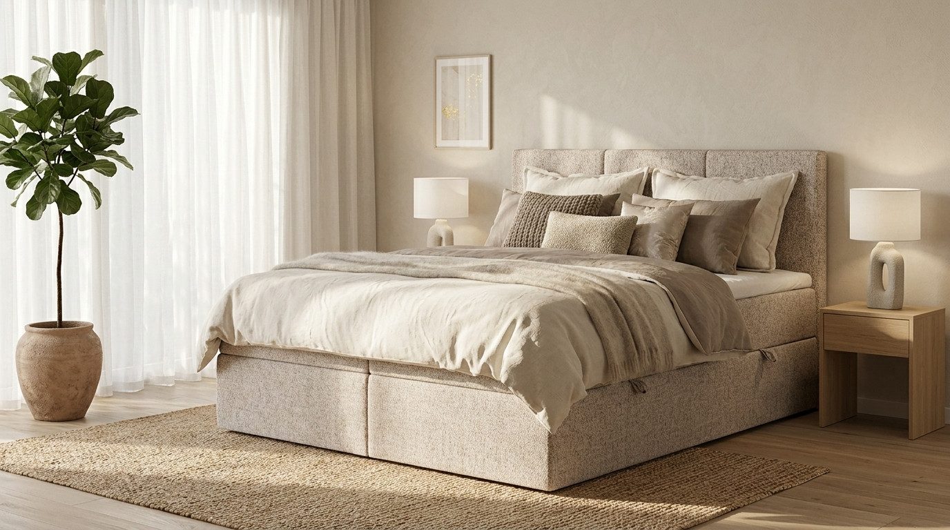 Maison de Rêve Boxbett Jonah mit Bettkasten (Matratze, Stauraum, Kopfteil, Topper), Boxspringbett mit Bonellmatratze H3, Doppelbett, inkl. Topper