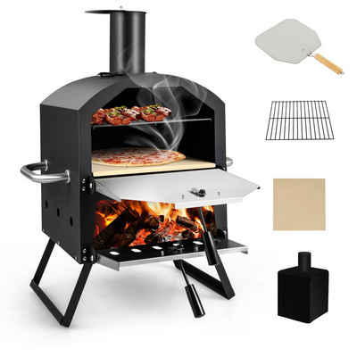 COSTWAY Pizzaofen 2-Schicht Holzofen, Outdoor, mit Pizzastein & Pizzaschaufel