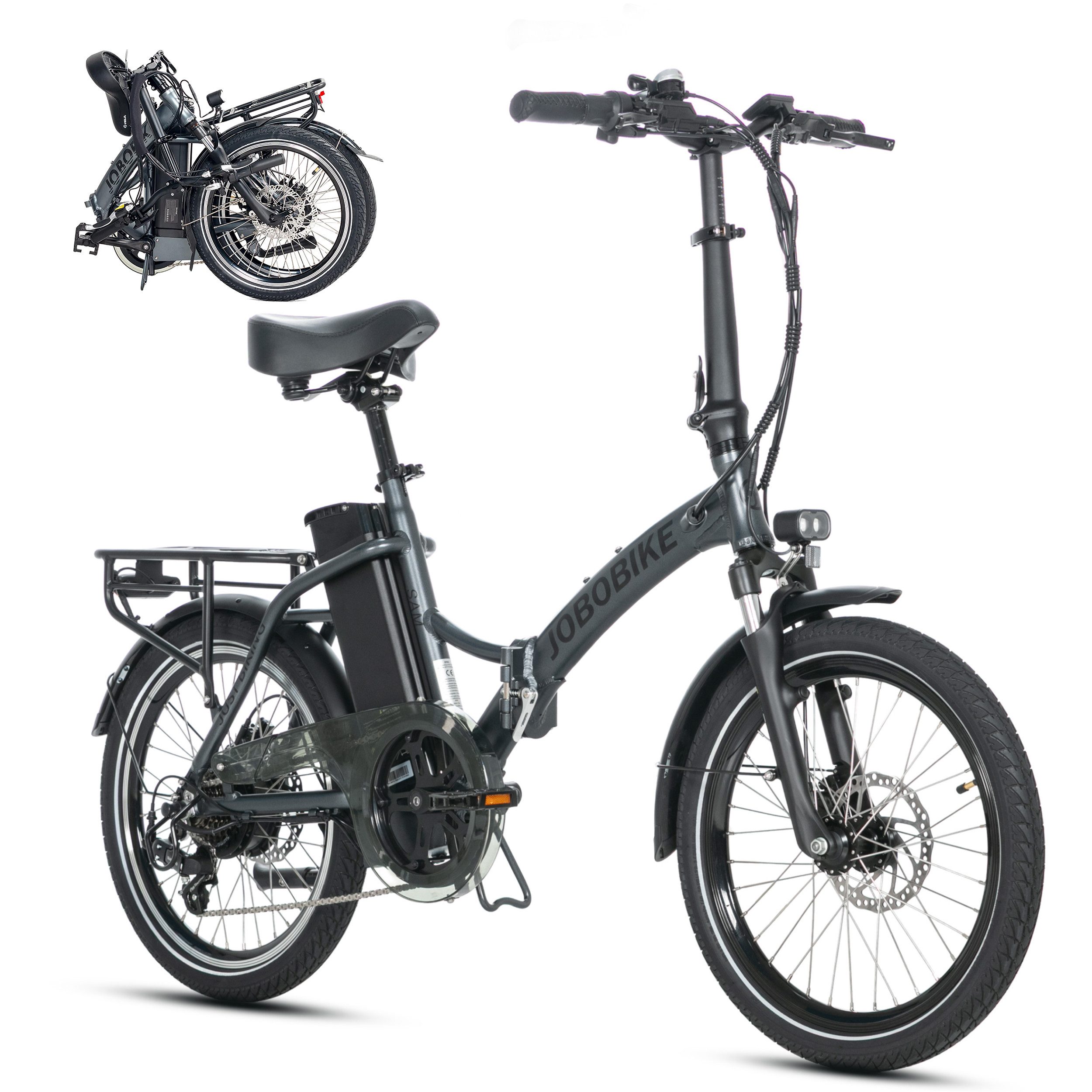 JOBOBIKE E-Bike Klapprad 20x2,125" Damen u. Herren, Citybike Sam, 468Wh, Pedelec, 60-110km, 7 Gang Shimano, Kettenschaltung, Heckmotor, 468 Wh, (mit Akku-Schlüssel, 5 Stufen), Faltbares Citybike - kompakt, stark & alltagstauglich