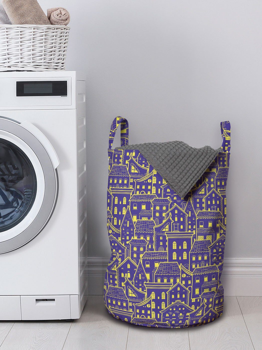 Kordelzugverschluss Waschsalons, mit Bicolor Wäschekorb Stadtansicht Doodle Abakuhaus Häuser für Wäschesäckchen Griffen
