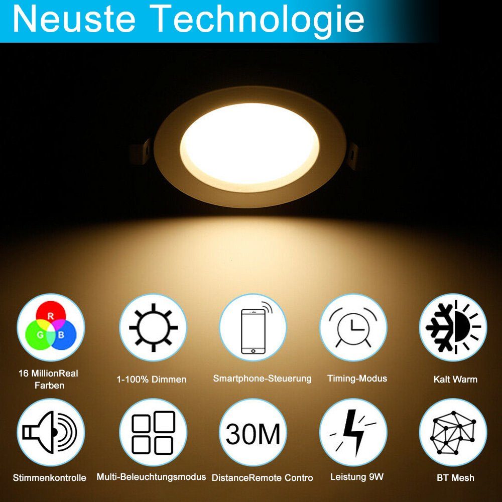 Rosnek Deckenleuchten LED Downlight,Smart,9W,RGB,Bluetooth Warmweiß, Deckenrundscheinwerfer Kaltweiß, APP, RGB, LED