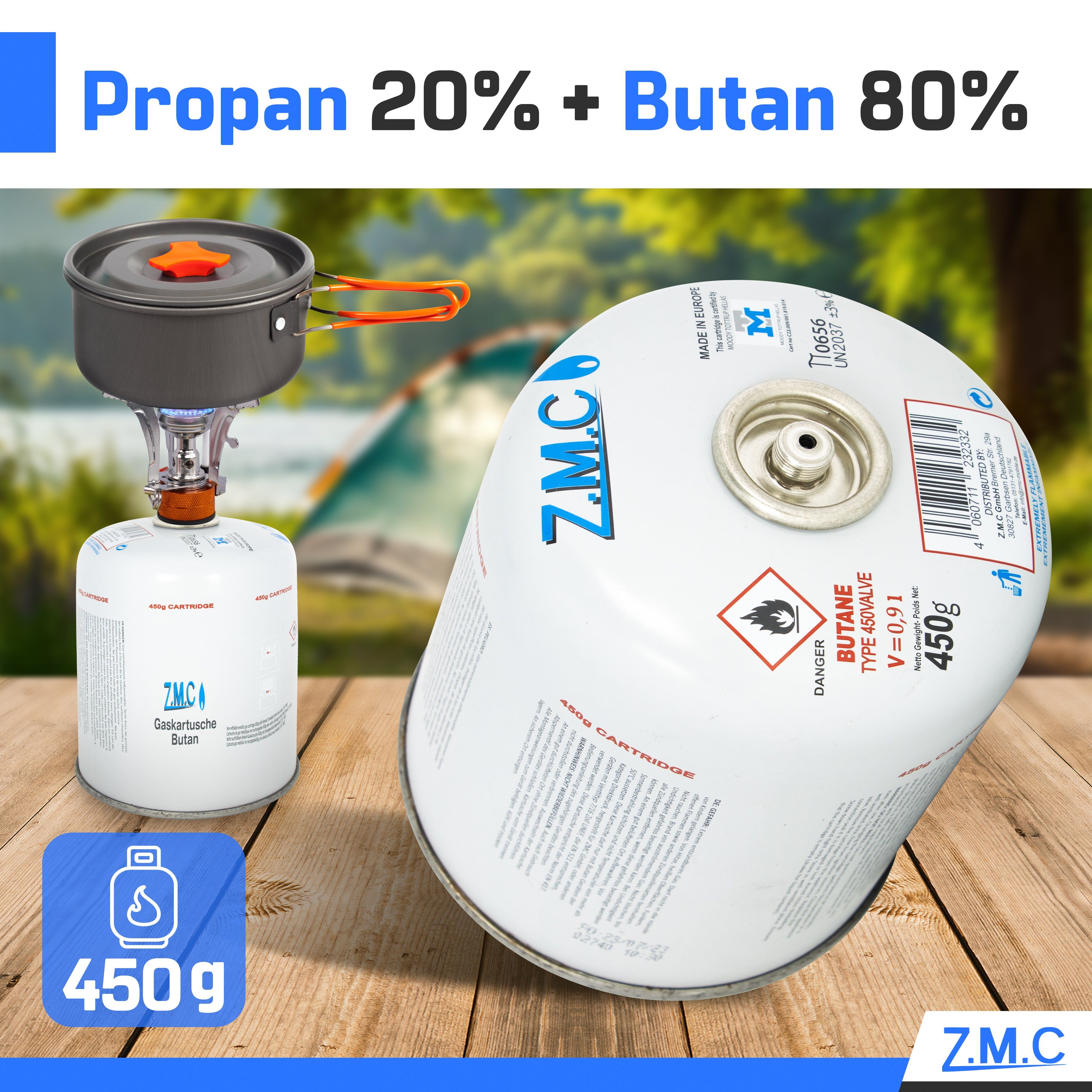 ZMC Gaskartusche Universal Camping Propan Butan Gas 450g Schraubventil Gaskartusche, Zubehör für Butangas Druckgasdose Gaskocher / Gaslötgeräte / Abflammgeräte Eurogewinde, 12 St., Schraubventil Gaskartuschen 900ml Ventilkartusche Gewindeanschluß