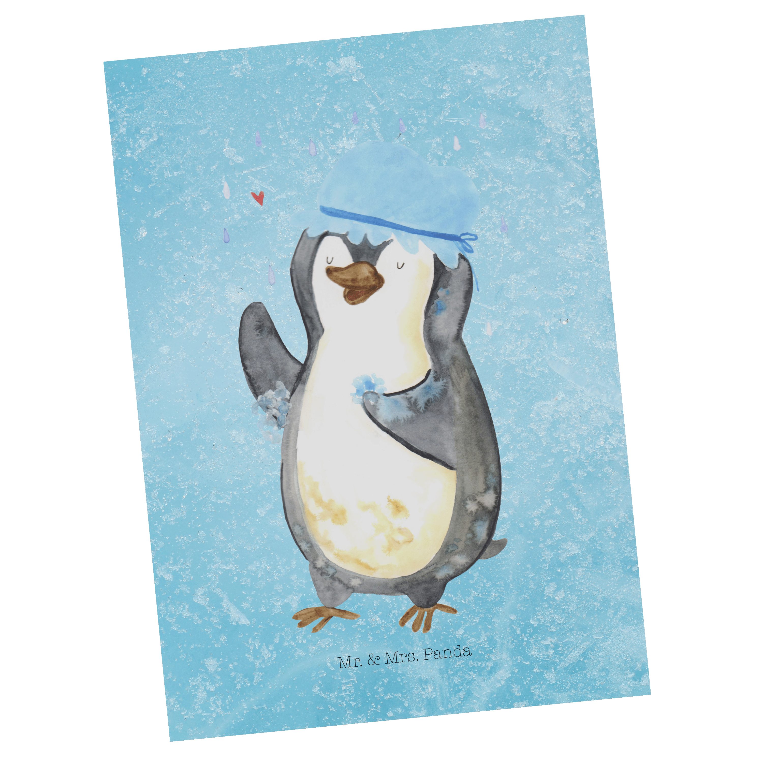 Mr. & Mrs. Panda Postkarte Pinguin duscht - Eisblau - Geschenk, singen, Duschkonzert, Einladung