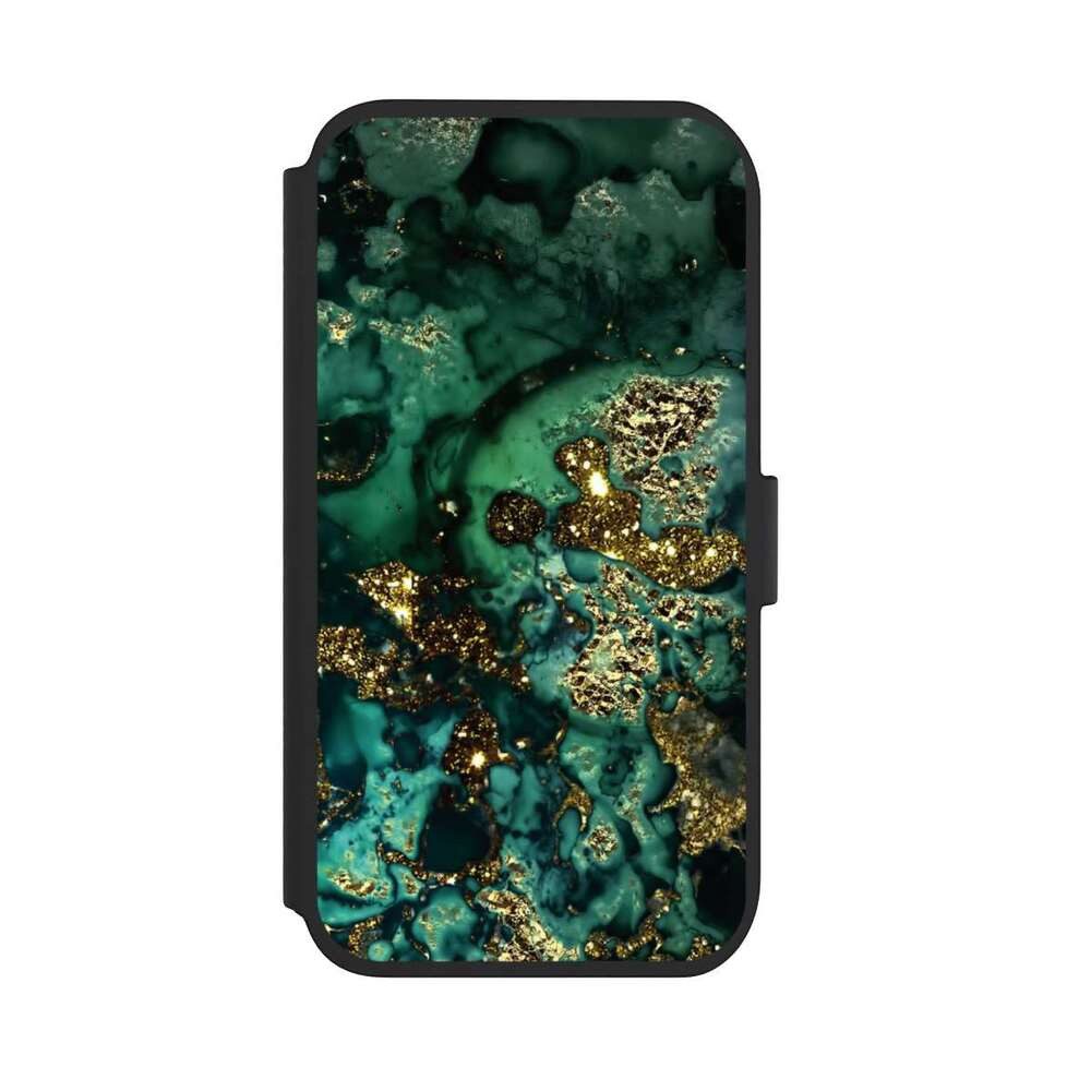 NIVOCASE Handyhülle Marmor Glitzer Look Muster Cyan Glitter Marble Look, Apple iPhone 11 Klapphülle Handyhülle aus Kunst Leder NIVOflip schwarz