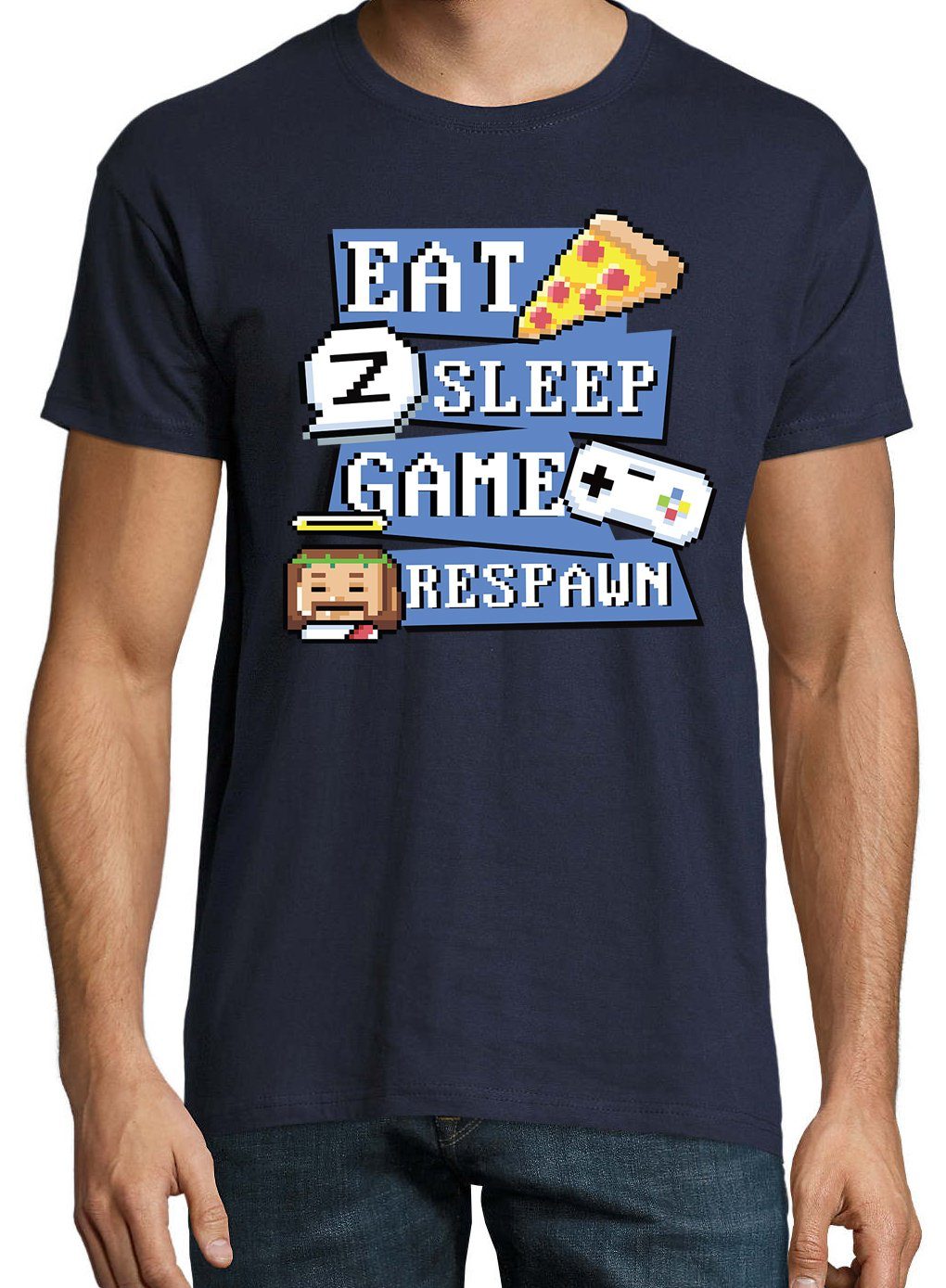 Designz Youth Respawn" T-Shirt Shirt Navyblau Sleep, Frontprint trendigem Herren "Eat, mit Game,