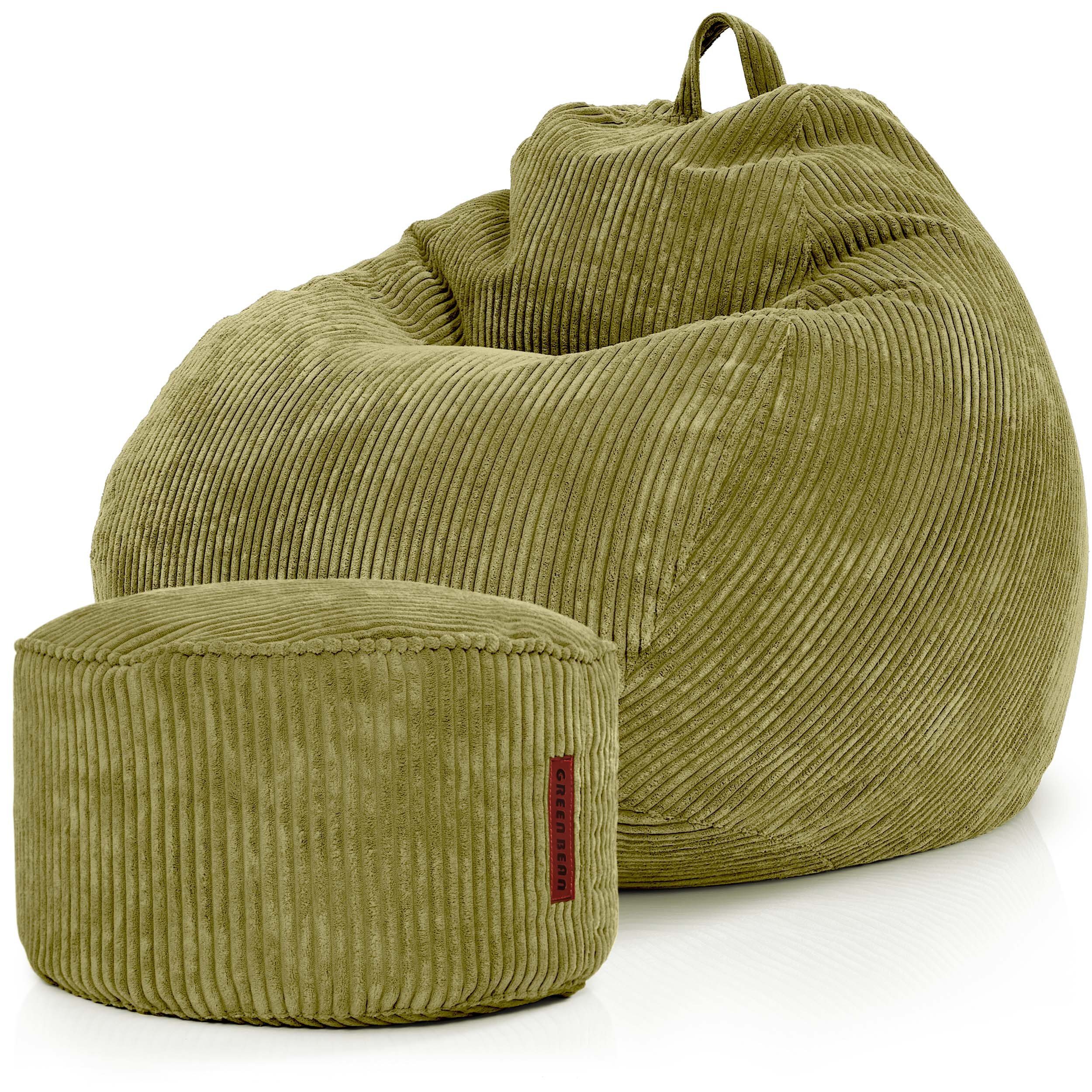 Green Bean Sitzsack Scoop + Pouf Cord, Indoor Sitzkissen mit Sitzhocker, Relax Sessel Grün