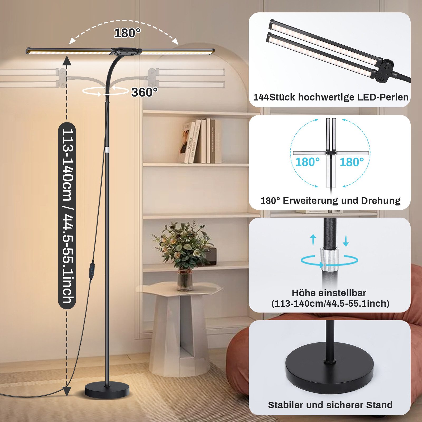 MUPOO LED Stehlampe Doppelkopf LED Stehleuchte,Moderne LED Leselampe, 10 Stufen Helligkeit, Einstellbar & 3 Farbtemperaturen,für Wohnzimmer Büro Crafting