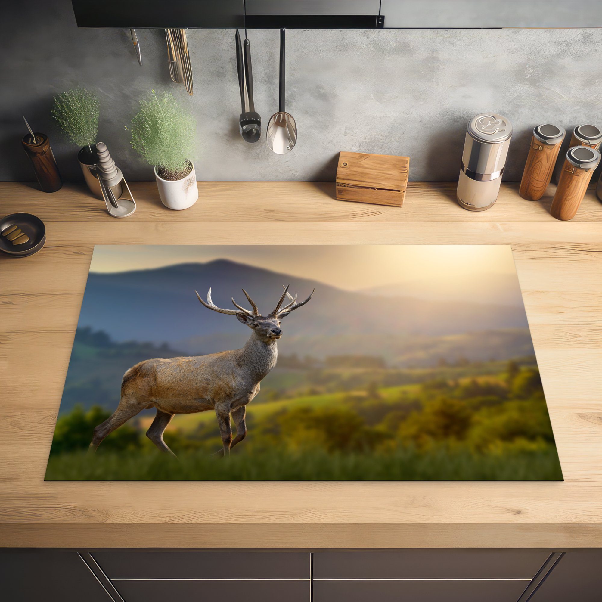 MuchoWow Vinyl, - Herdblende-/Abdeckplatte Tiere - Ceranfeldabdeckung (1 Schutz Gras - cm, - Induktionskochfeld die - Hirsche tlg), Berg Natur, küche, für 81x52 Sonnenuntergang