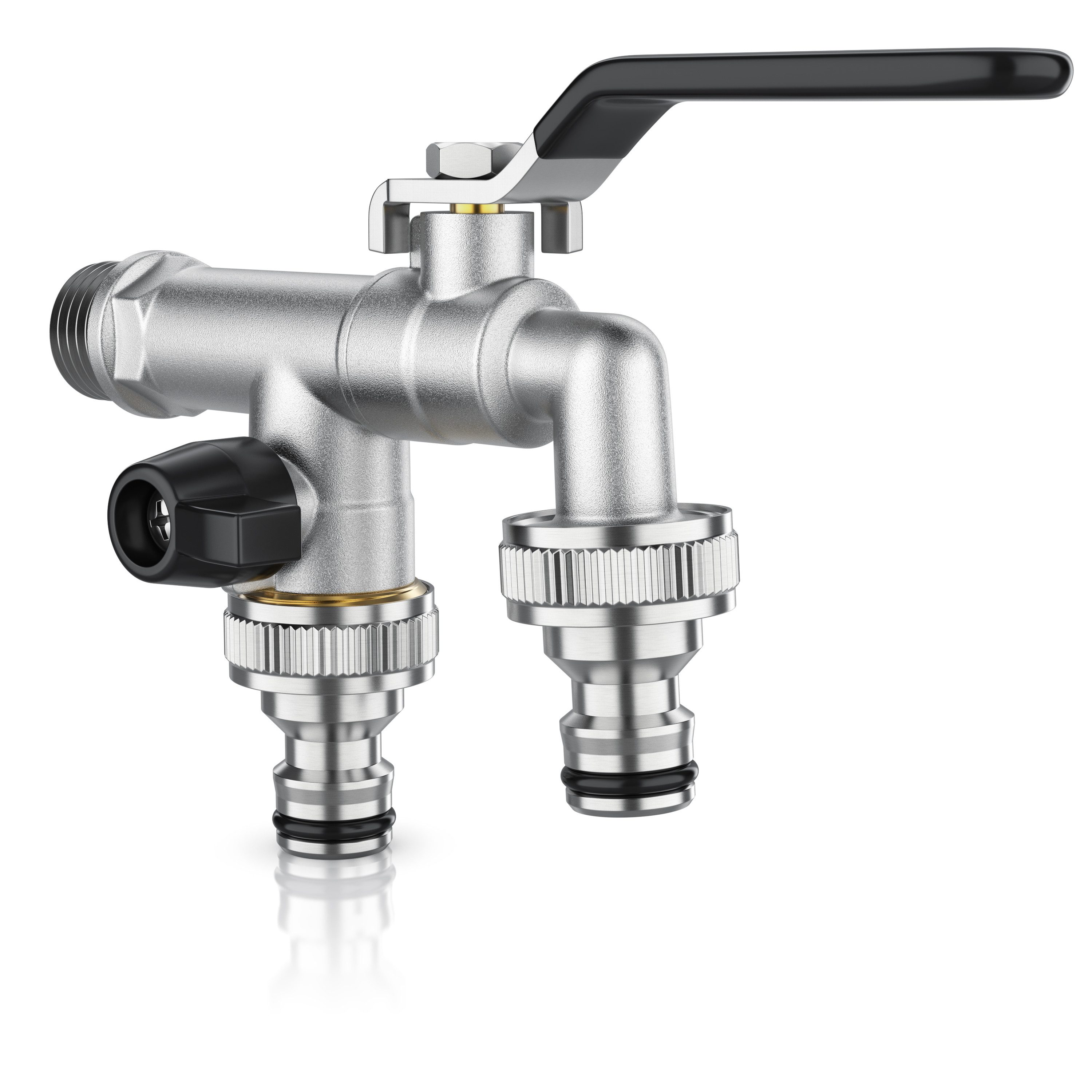 Brandson Absperrventil Absperrventil Wasserhahn Garten 1/2 Zoll & 3/4 Zoll aus Messing, (1-tlg), 2 separat schaltbare Ausgänge, Schnellkupplung, Dichtband für Garten