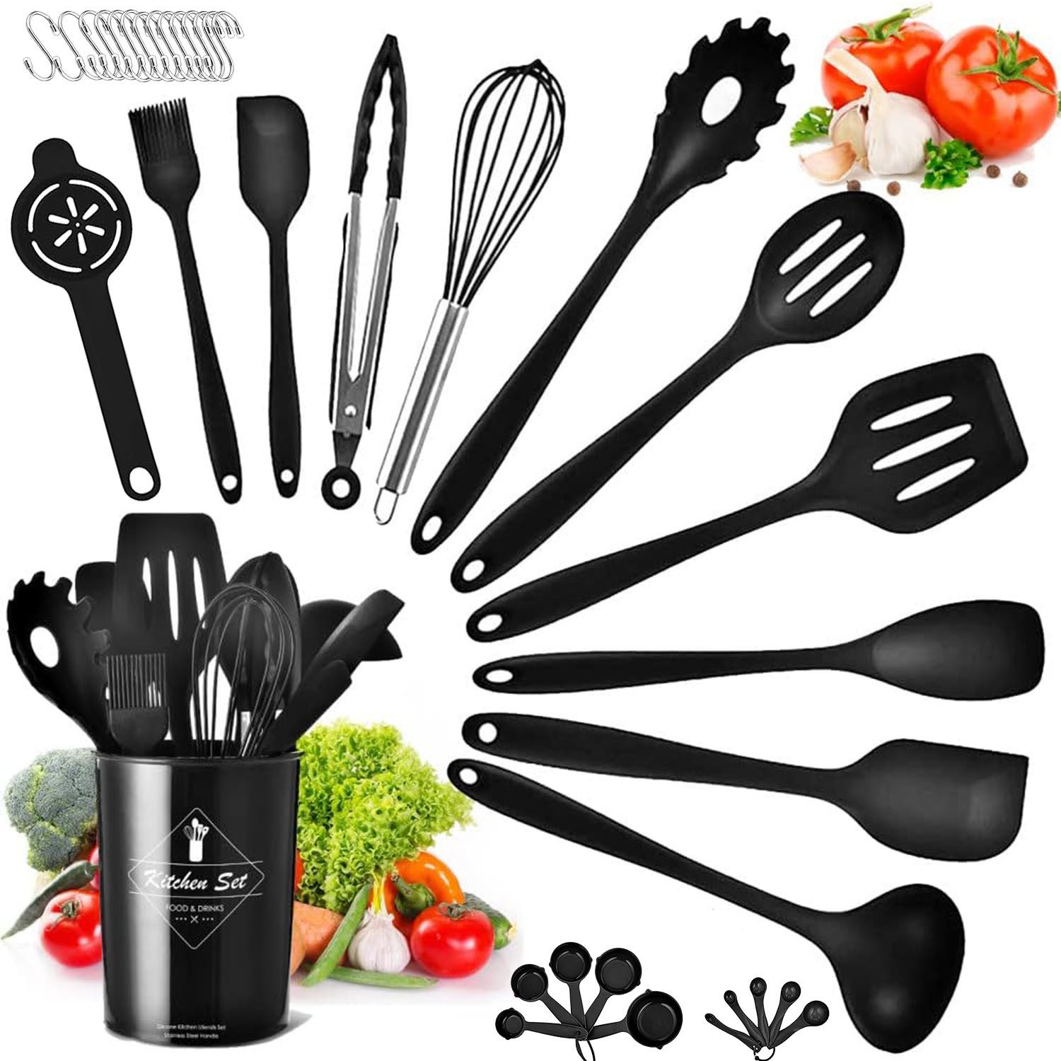 HEYHIPPO Küchenorganizer-Set Silikon Küchenutensilien Set 32-tlg.hitzebeständig & spülmaschinenfest, (Inklusive Löffel, Spatel, Siebe, Schneebesen usw, Küchenspatel Löffel Suppenlöffel Set,kratzfest und antihaftbeschichtet), Silikon Küchenhelfer, schützt Pfannen, langlebig & leicht zu reinigen