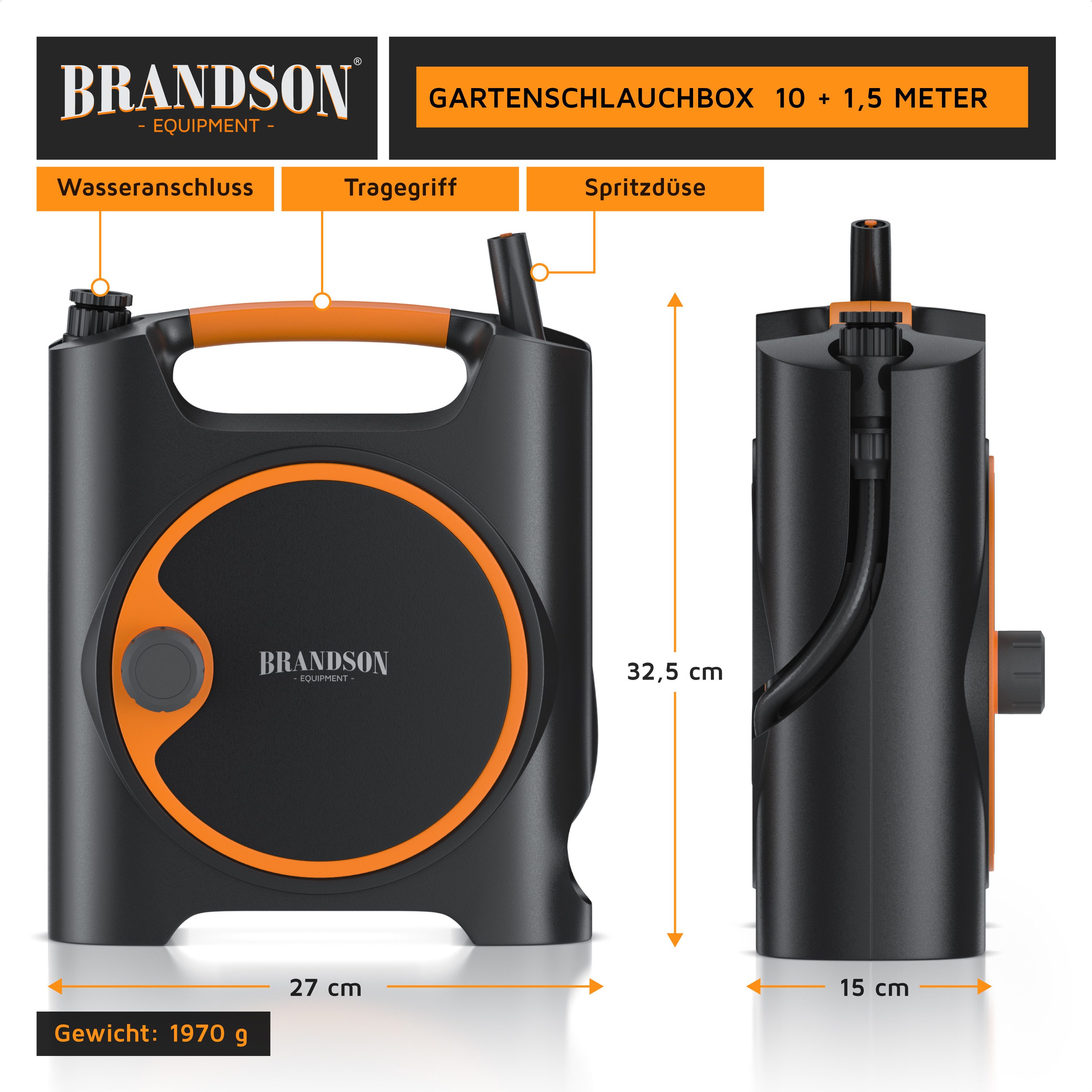 Brandson Wandschlauchbox Schlauchaufroller Wandbox, 10m Gartenschlauch 11 mm Ø, Schlauchtrommel, (Set, inkl. Spritzdüse, Wasserhahnanschluss), ½ Zoll Schnellkupplung, Spritzdüse, Trommel für Garten Terrasse Hof