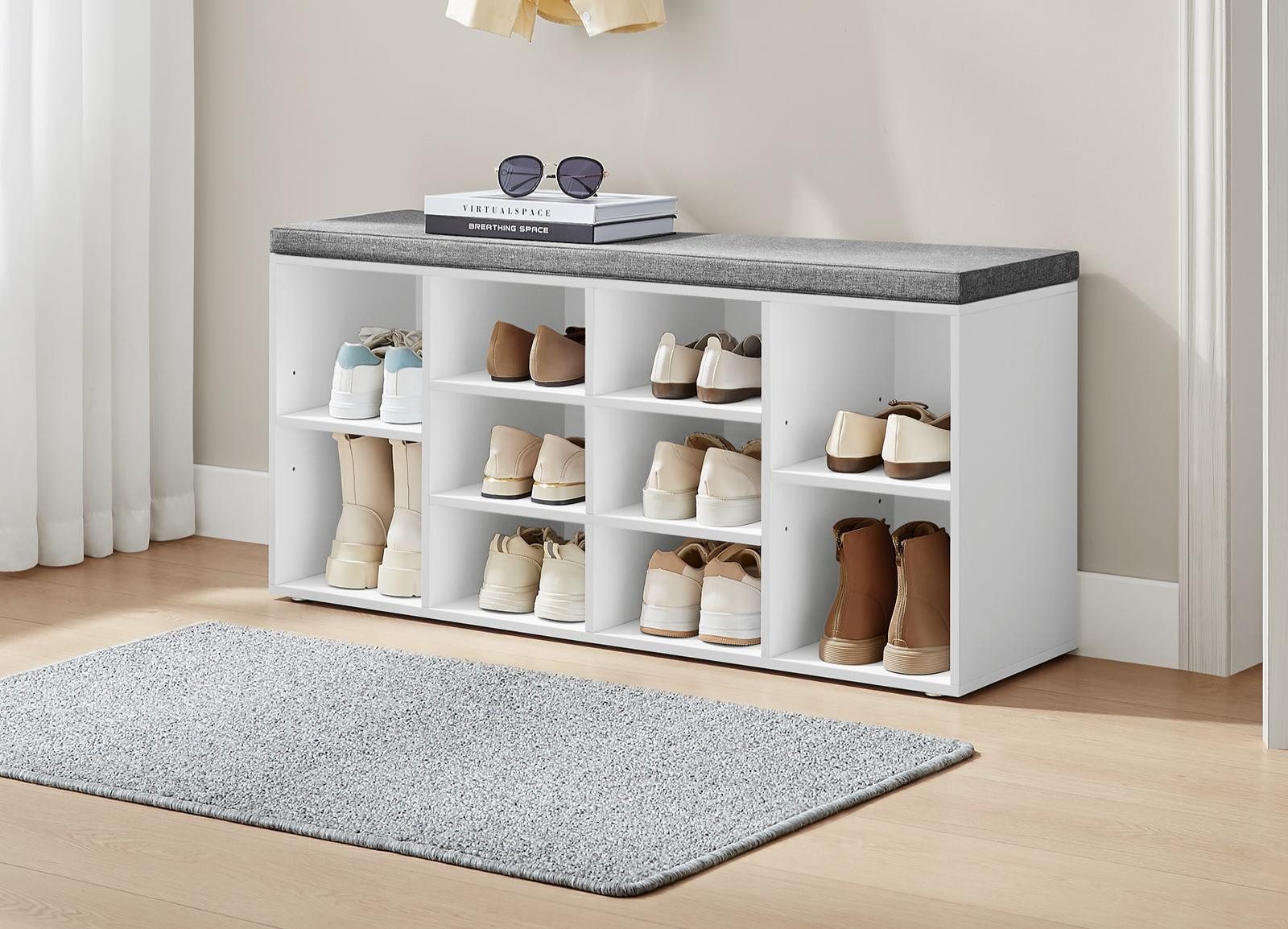 VASAGLE Schuhbank Schuhregal mit Sitzfläche, Sitzbank mit Stauraum, für Schlafzimmer, Flurbank mit 10 Fächern, verstellbaren Ablagen, 30 x 104 x 48 cm