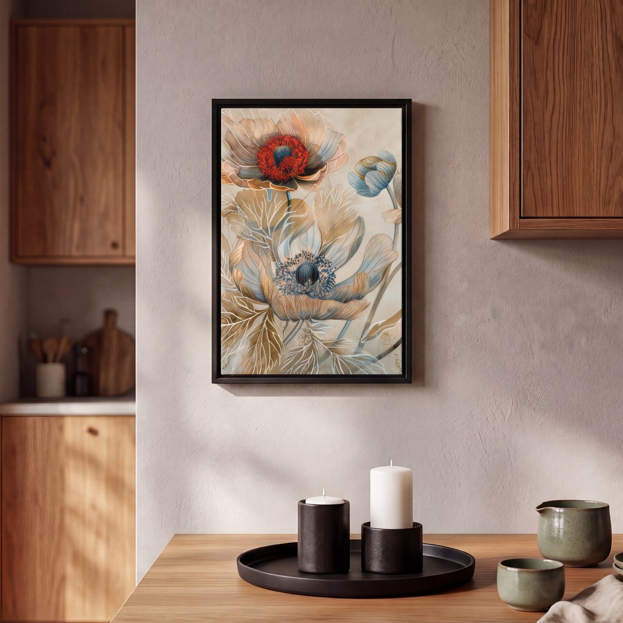 OneMillionCanvasses® Leinwandbild mit Rahmen - Blumen - Beige - Modern - Illustration, Fotodruck (1 St), Deko für Wohnzimmer Schlafzimmer Küche 20x30cm