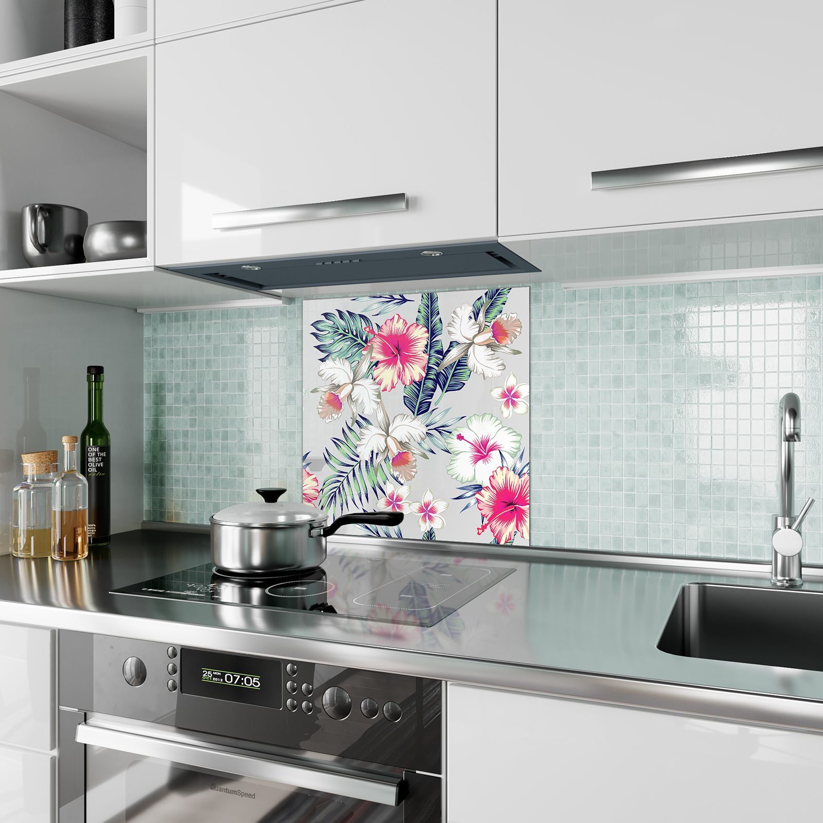 Motiv Küchenrückwand Küchenrückwand Spritzschutz Glas mit Hibiskusblüten Primedeco