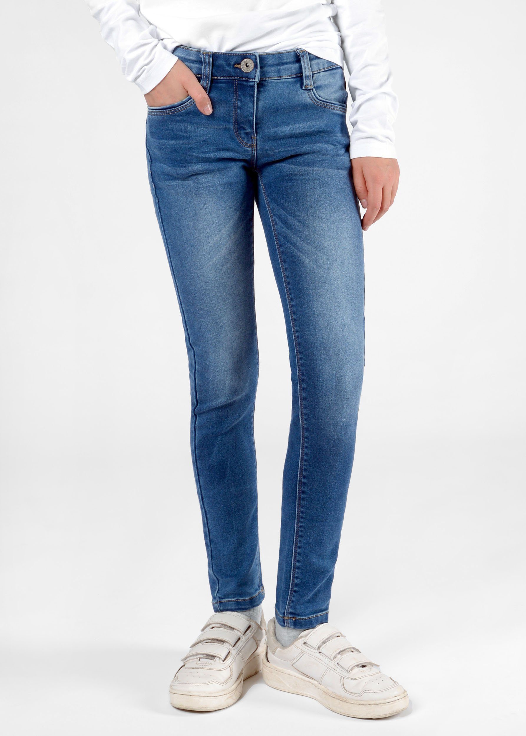 weitenverstellbarer Jeans schmal Mädchen Innenbund, STACCATO Skinny Denim Regular-fit-Jeans - Mid Blue zulaufendes Hosenbein Kinder