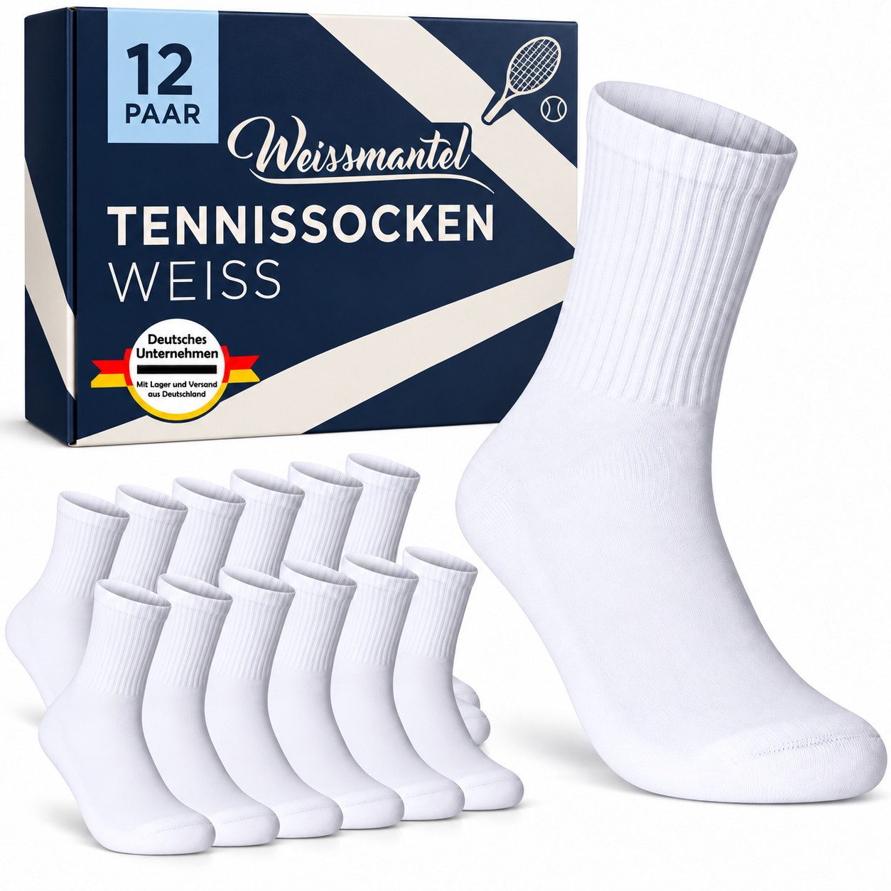 Weissmantel Tennissocken Herren 39-42 und 43-46 - Weiß Hochwertige Baumwolle Sportsocken (Socken Herren 39-42 und 43-46 Weiß, Knöchellang für Tennis & Sport - Klassisches Design für Alltag) Atmungsaktiv für Tennis & Sport Weiße Tennissocken Herren und Damen