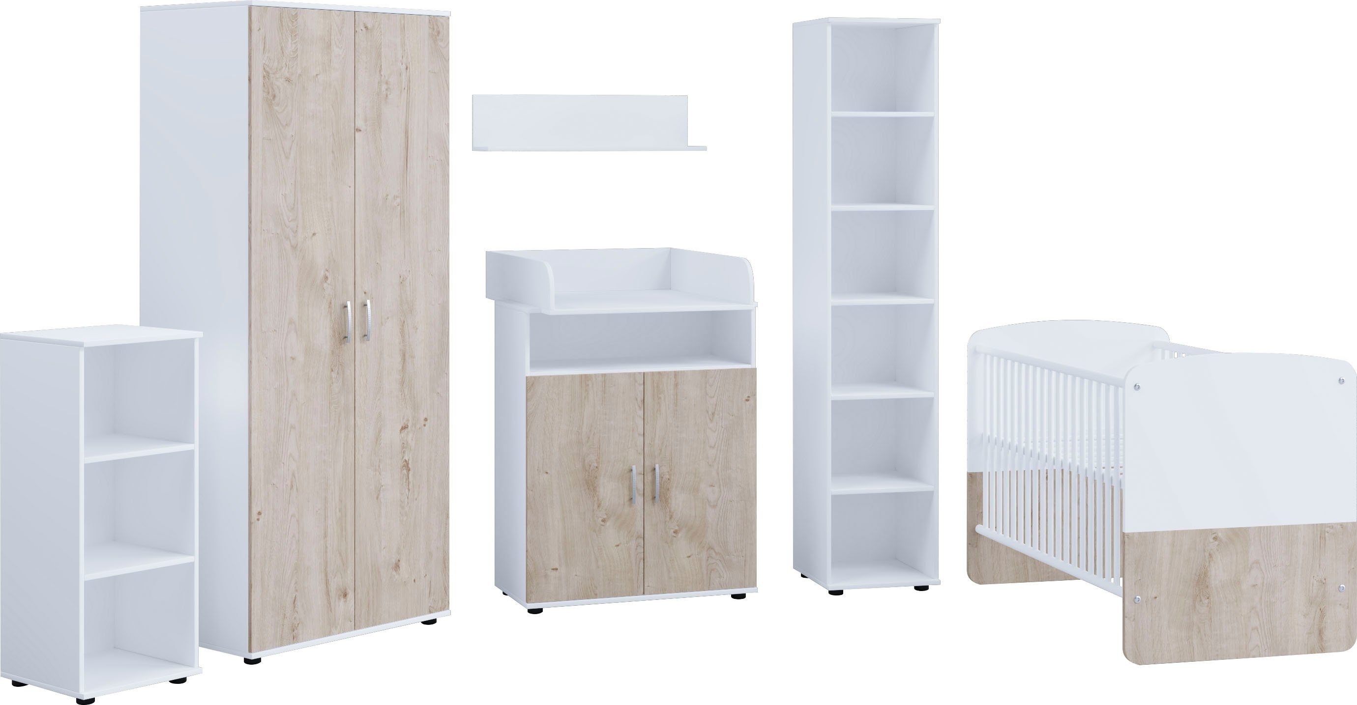 Set Wandboard, Schrank Kommode, aus: Babybett, Kommode, Babymöbel-Set, Lüttenhütt (Set Weiß/Eiche Wandboard, Wickelaufsatz, Desmond Schrank), Babybett, Regal, Wickelaufsatz, aus: Regal,