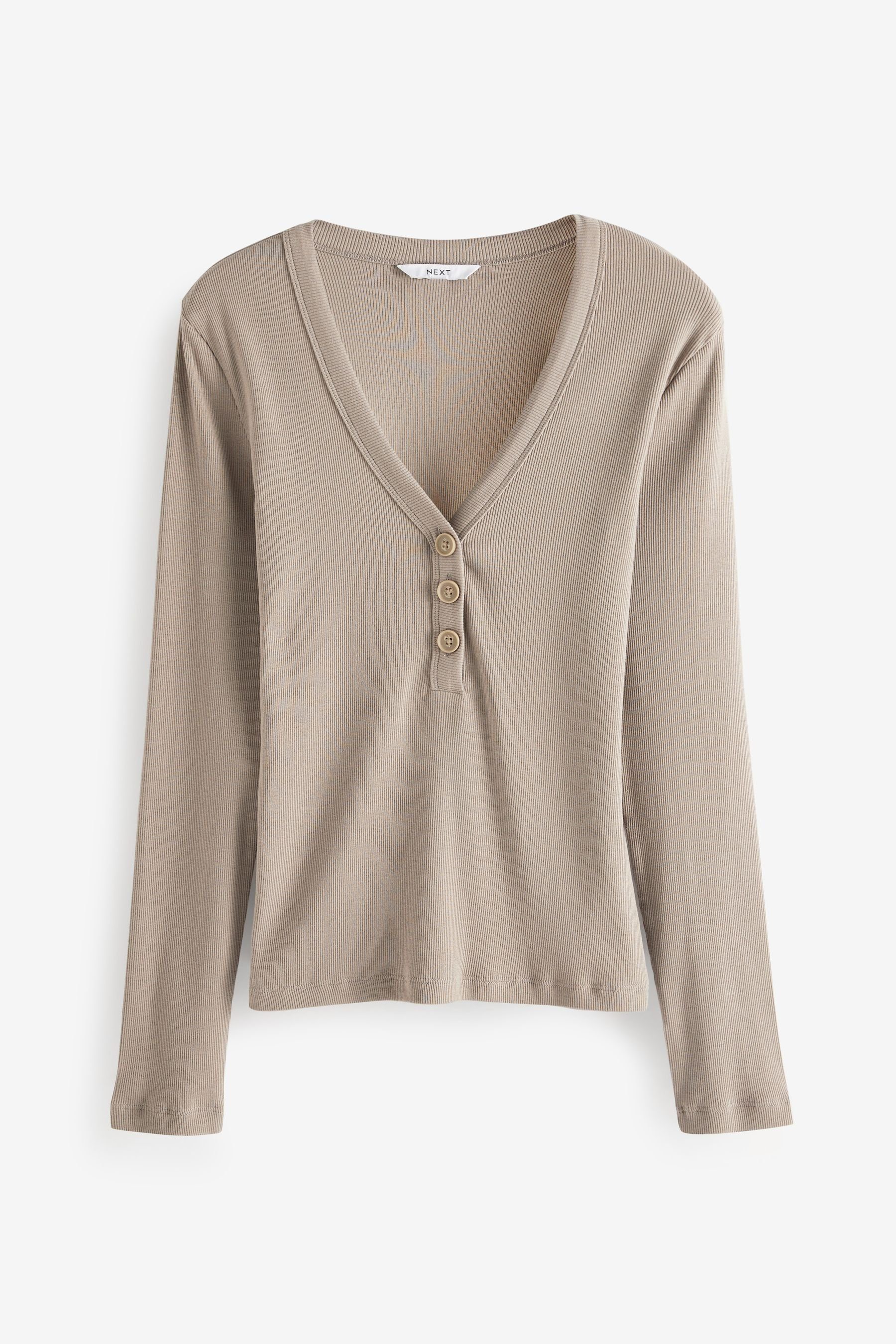 Next Langarmshirt Geripptes Langarmoberteil mit Henleyknöpfen (1-tlg) Taupe Neutral