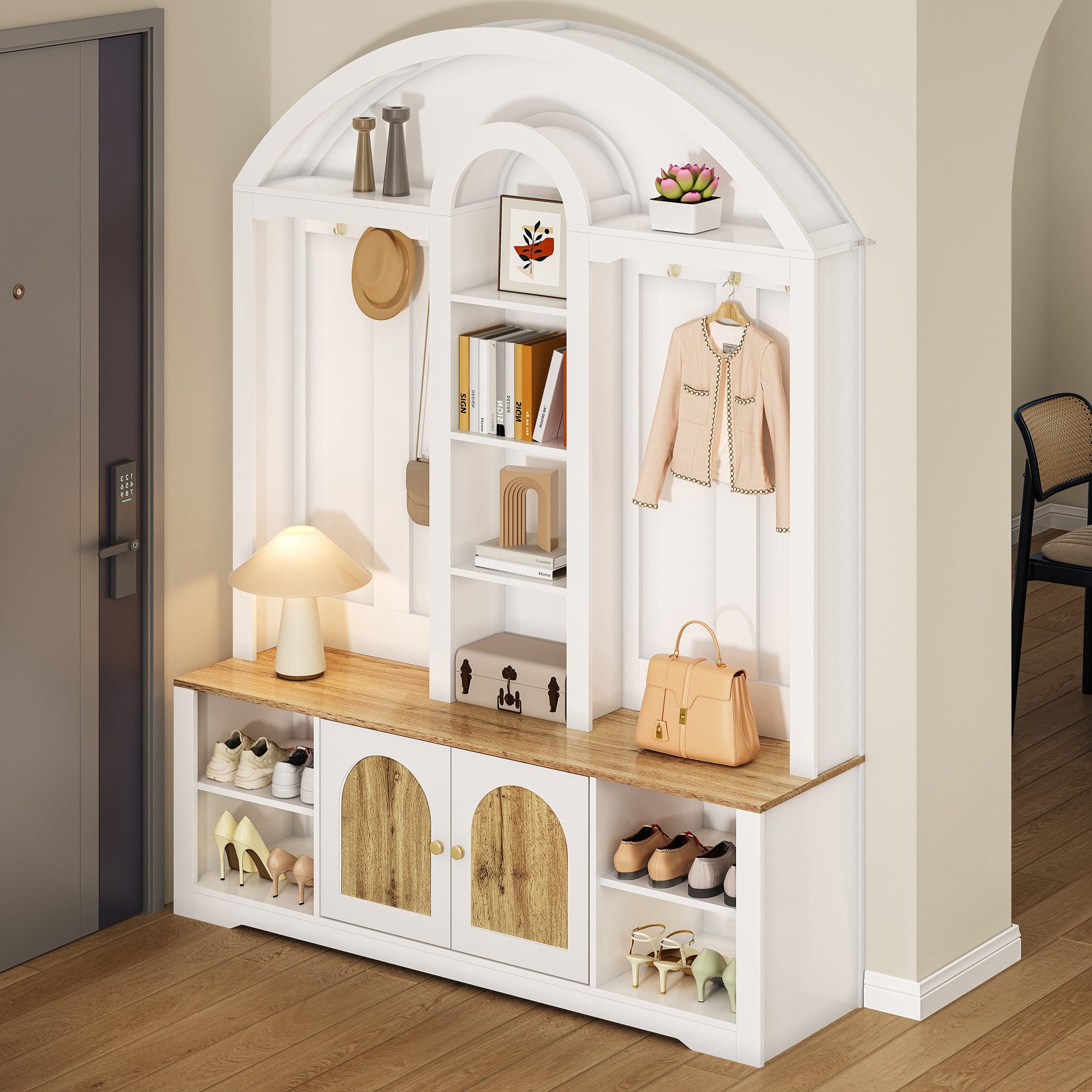Merax Garderoben-Set Garderobenschrank mit LED-Beleuchtung und geschwungenem Design, (Flur- & Kleiderschrank im skandinavischen Weiß/Schwarz-Holz-Look, 1-St., 1 – Bild 4 von 5