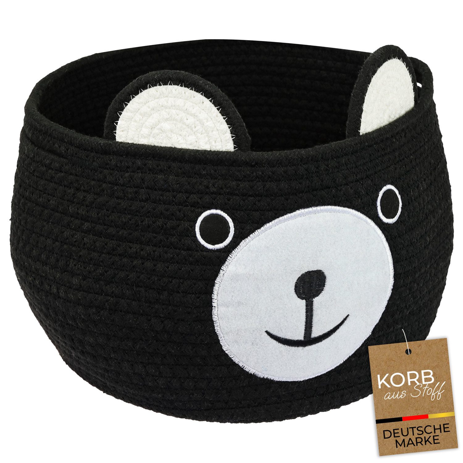 HMF Aufbewahrungskorb Aufbewahrungskorb mit versteckten Griffen, Korb für Kinderzimmer aus Baumwolle, Bär, Schwarz