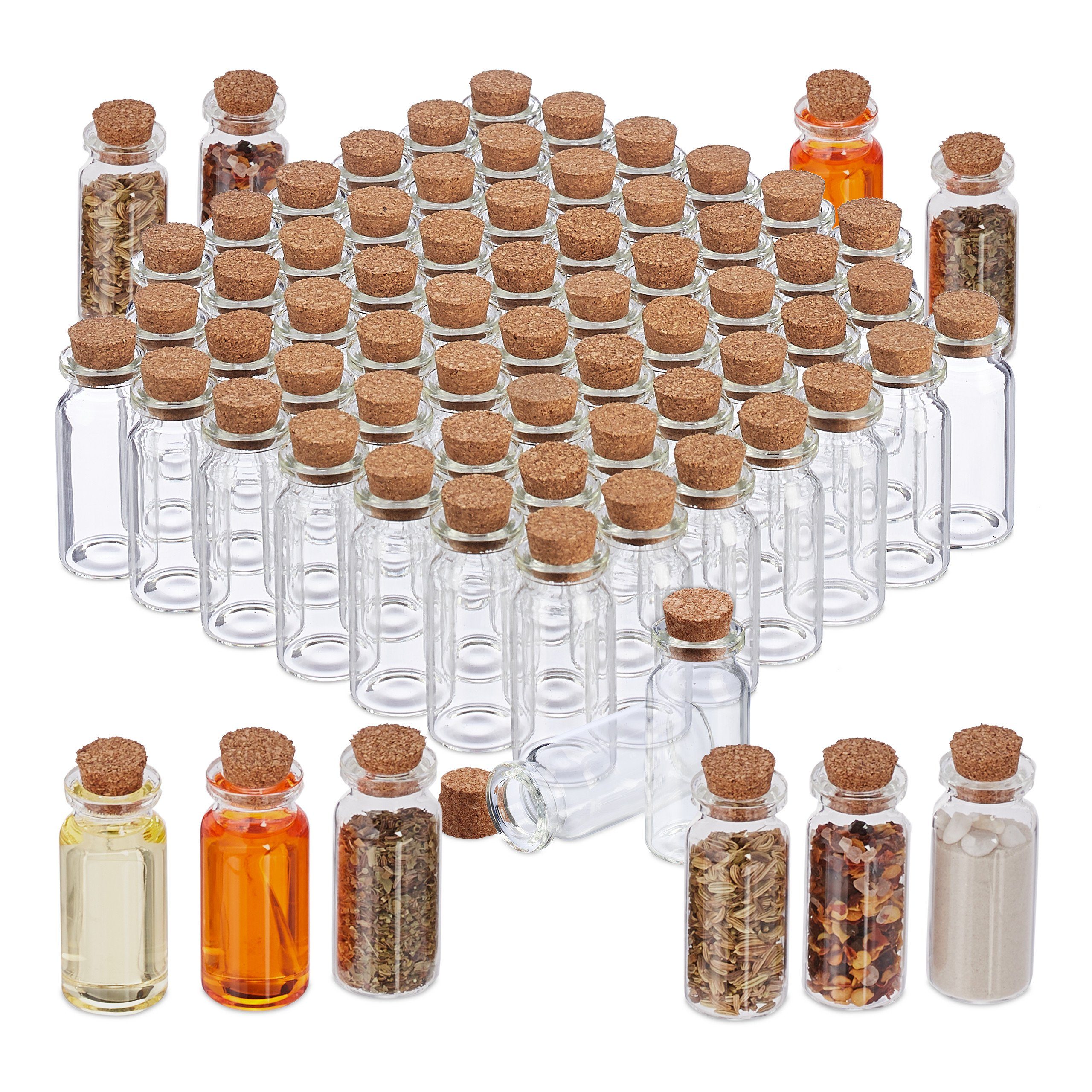 relaxdays Deko-Glas Mini Glasflaschen mit Korken 72er Set (72 St)