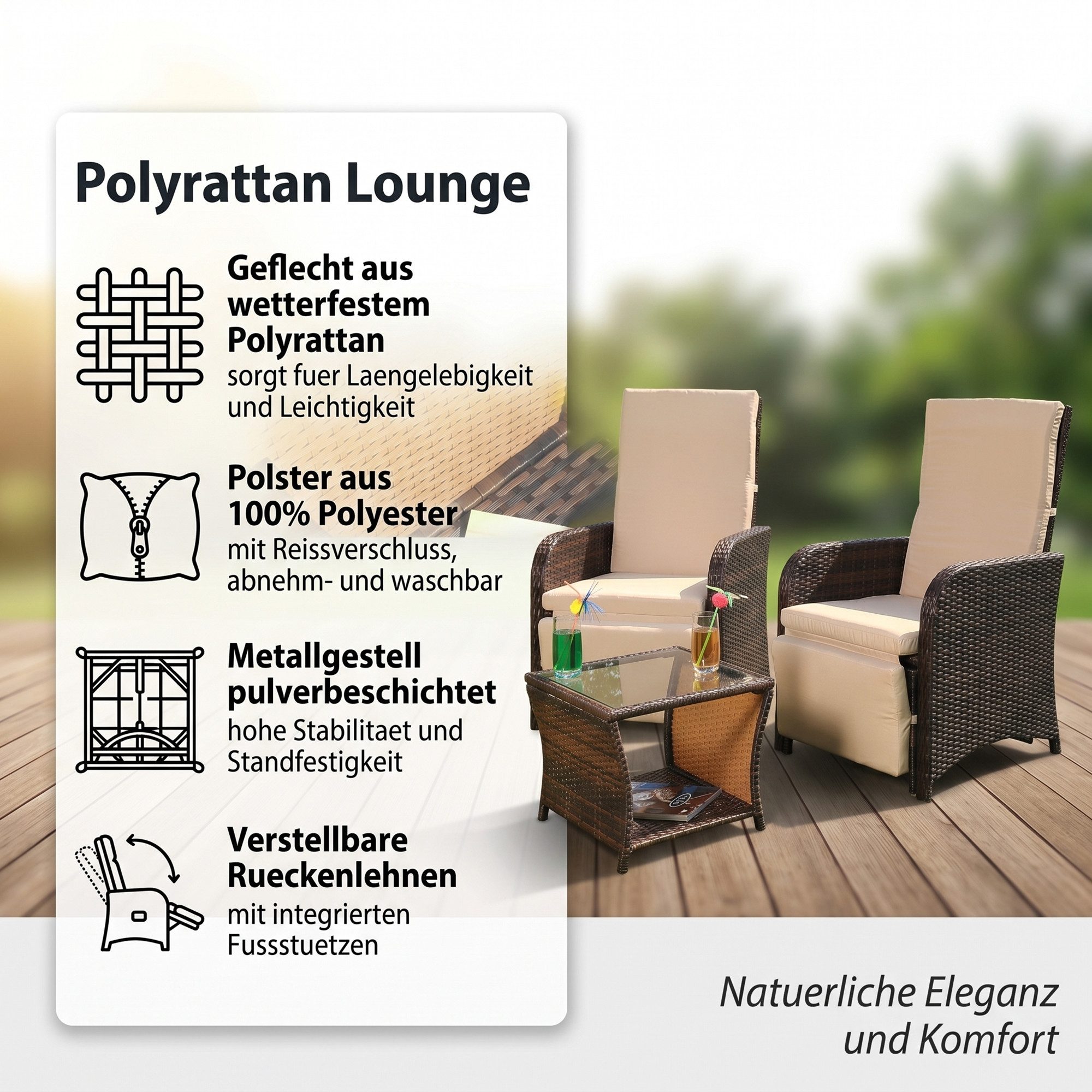 Mucola Balkonset Balkonmöbel-Set 3-teilig aus Polyrattan inkl. Auflagen für Balkon, (Balkonmöbel-Set, 3-tlg., 3-teiliges Balkonmöbel-Set für 2 Personen), platzs – Bild 2 von 5