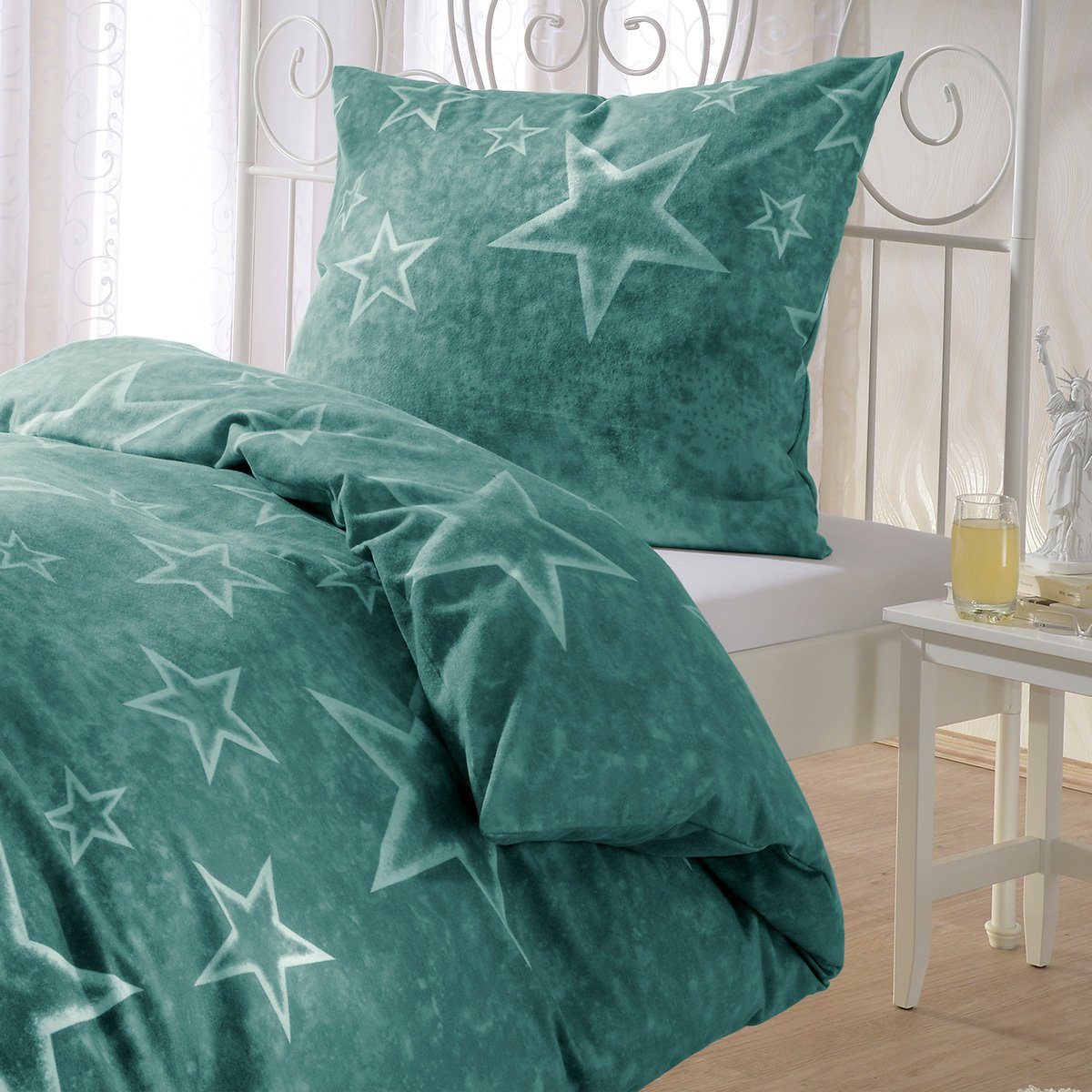 BETTWARENSHOP Bettwäsche Grüne Sterne, Biber, 2 teilig, flauschig warmer St günstig online kaufen