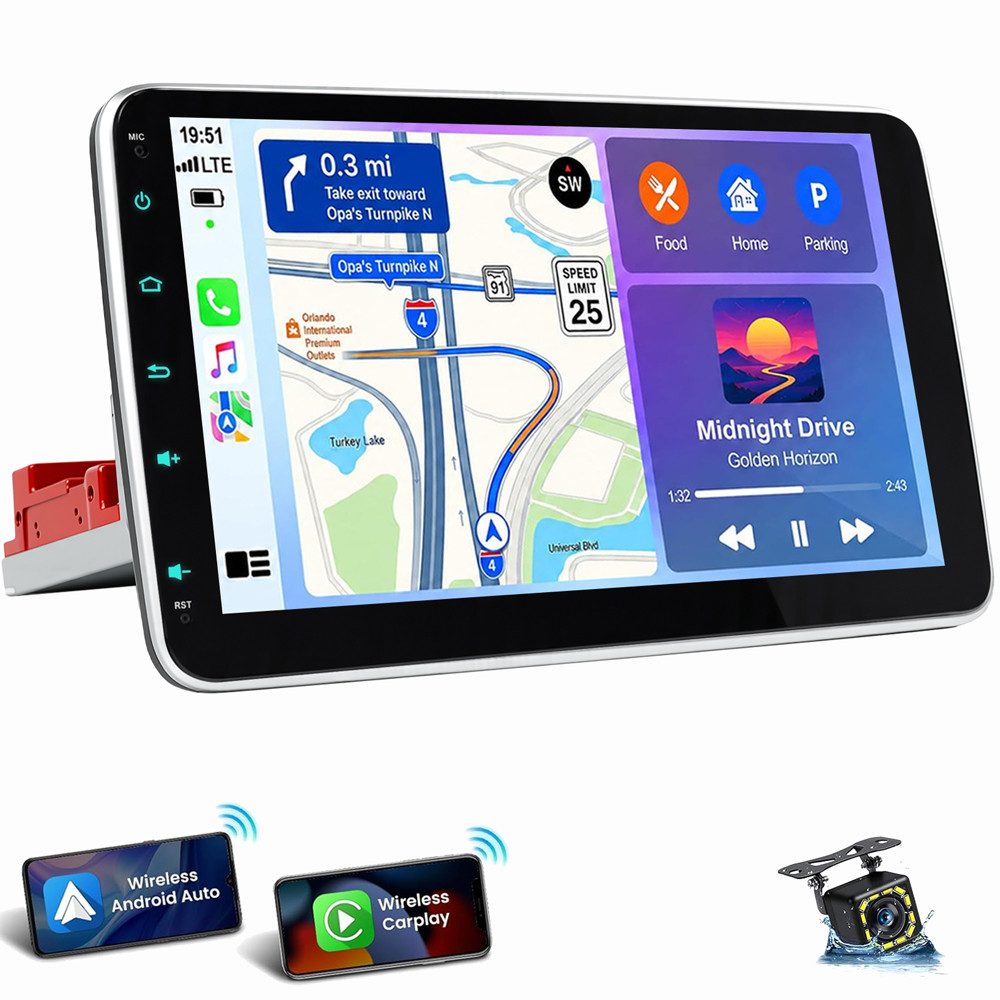 ESSGOO 10" 1 DIN Autoradio 360° Drehbares Carplay Android Auto Bluetooth Navi Autoradio (Kabelloses CarPlay und Android Auto FM AM RDS EQ)