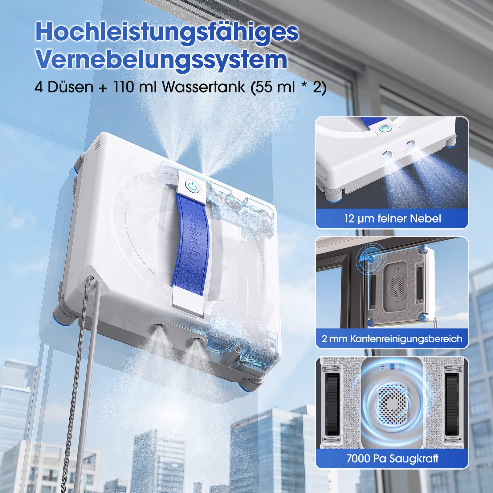 lubluelu Fensterputzroboter W100 Fensterputzroboter mit Sprühfunktion Glasreinigungsroboter 7kpa, Fernbedienung, Automatischer Glasreiniger mit Sicherheitsseil