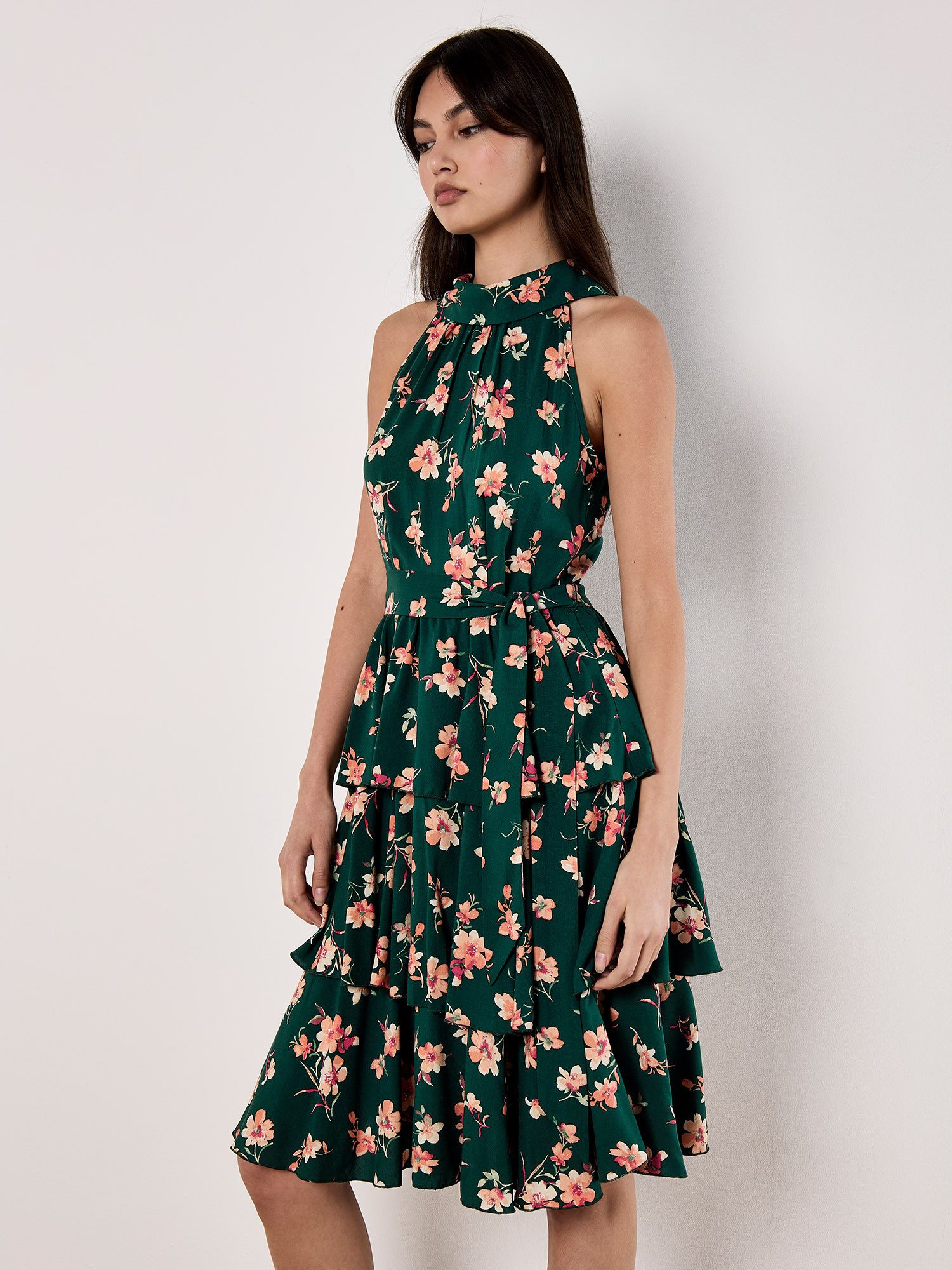 Apricot Druckkleid Geblümtes Minikleid mit Neckholder-Ausschnitt (2-tlg., mit Bindeband) mit Neckholder-Ausschnitt