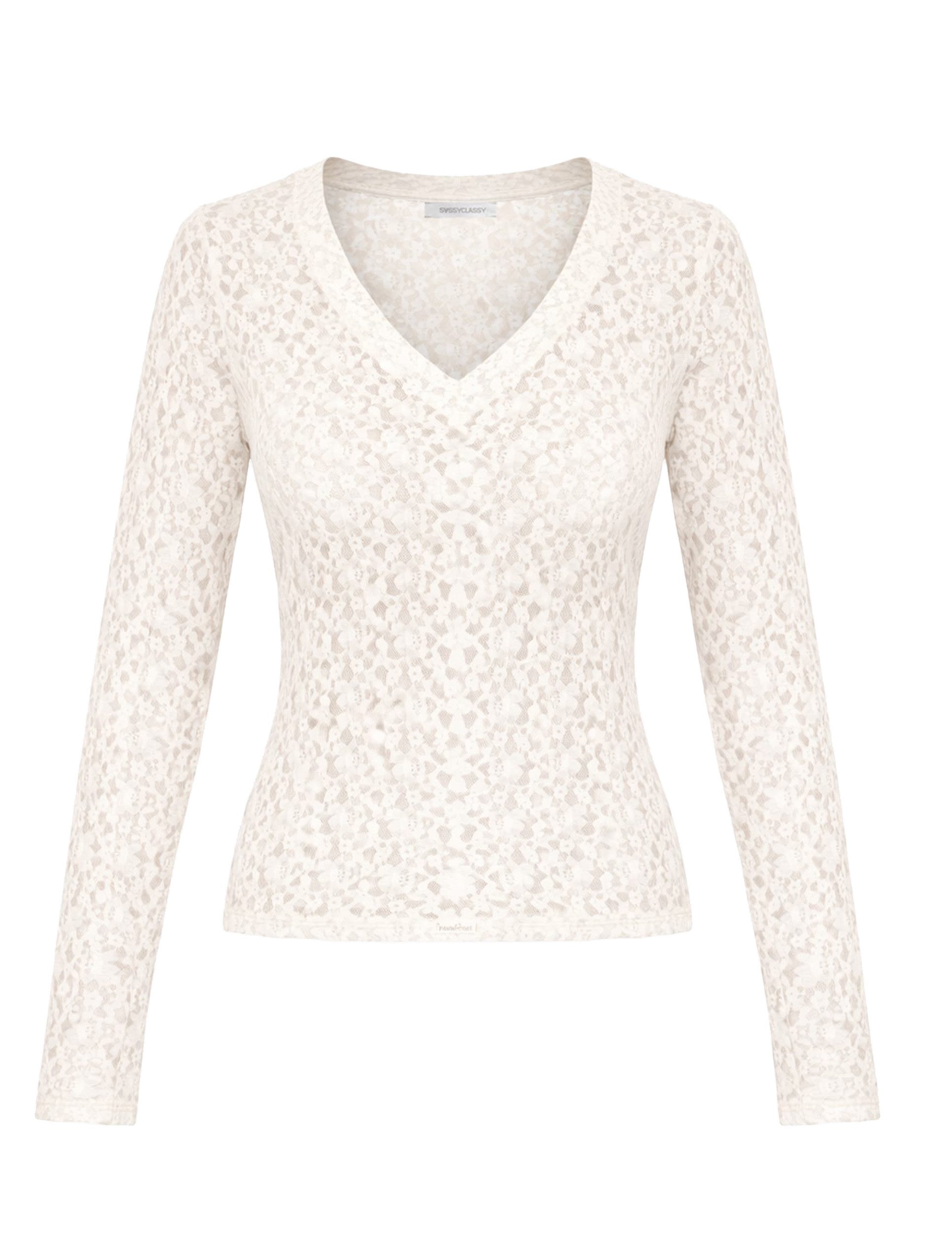 SASSYCLASSY Langarmshirt Spitzenshirt mit V-Ausschnitt für Damen Elegantes Langarmshirt mit floralem Muster in leichter Transparenz – Bild 2 von 5