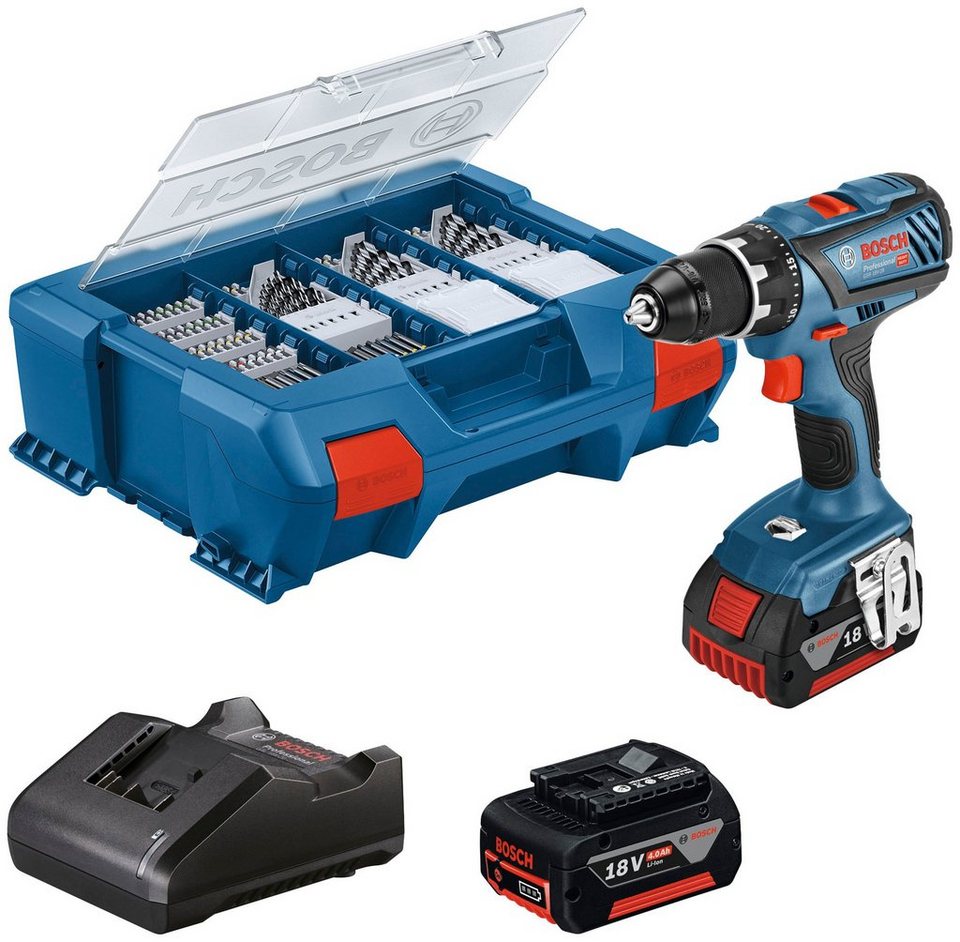 Bosch Professional Akku-Bohrschrauber GSR 18V-28, max. 1900 U/min, (Set),  mit 82-teiliges Zubehör-Set, 2 Akkus 18V/4,0Ah, Ladegerät und L-Case,  Hartes Drehmoment von 63 Nm sorgt für Profi-Performance