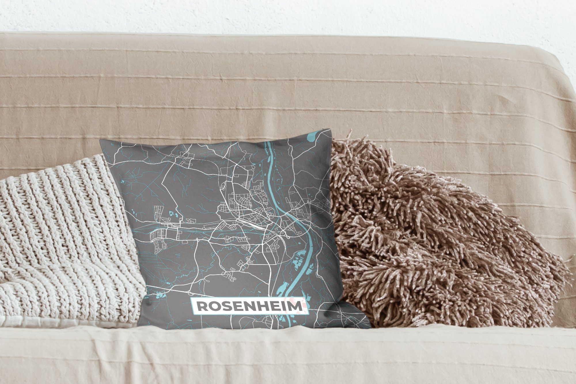 für - Blau Schlafzimmer, mit - - Zierkissen Karte MuchoWow Füllung Sofakissen Rosenheim Wohzimmer, Deutschland, Dekokissen Deko, Stadtplan -